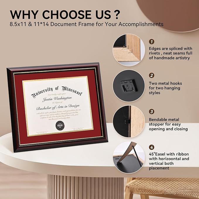 Solid Wood Diploma Frame 8.5 x 11 Certificate Frames with Red Mat or 11x14 Document without Mat as Graduation Picture Frame-CA graduation