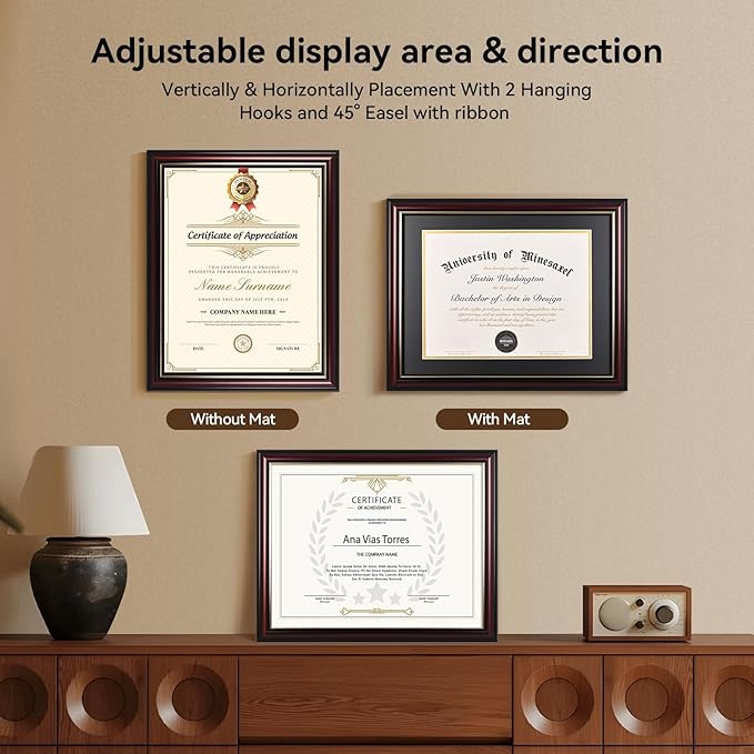 Solid Wood Diploma Frame 8.5 x 11 Certificate Frames with Red Mat or 11x14 Document without Mat as Graduation Picture Frame-CA graduation