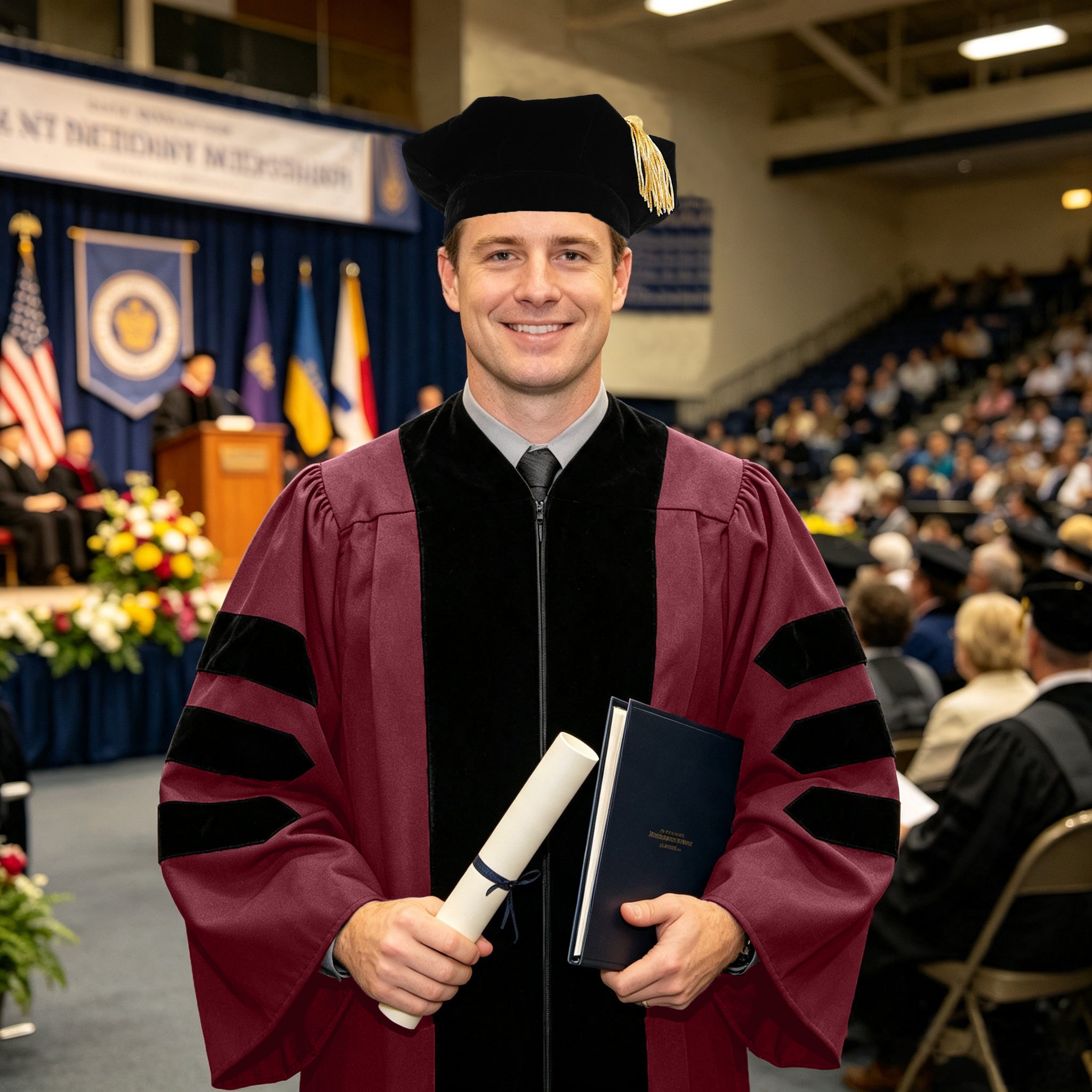 Economy Doctoral Graduation Gown / PHD Gown with Black Velvet Trim-CA graduation