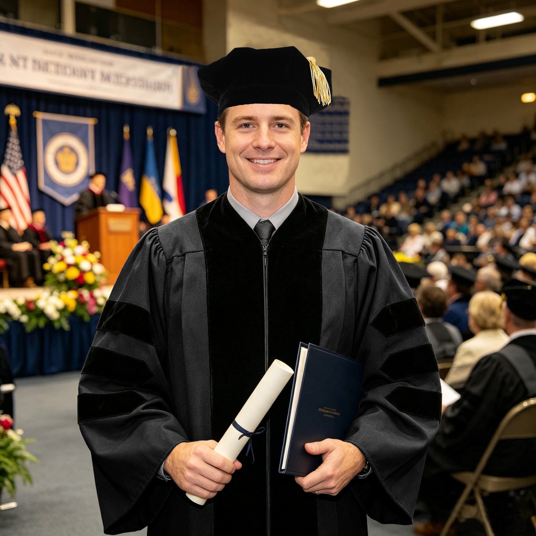 Economy Doctoral Graduation Gown / PHD Gown with Black Velvet Trim-CA graduation