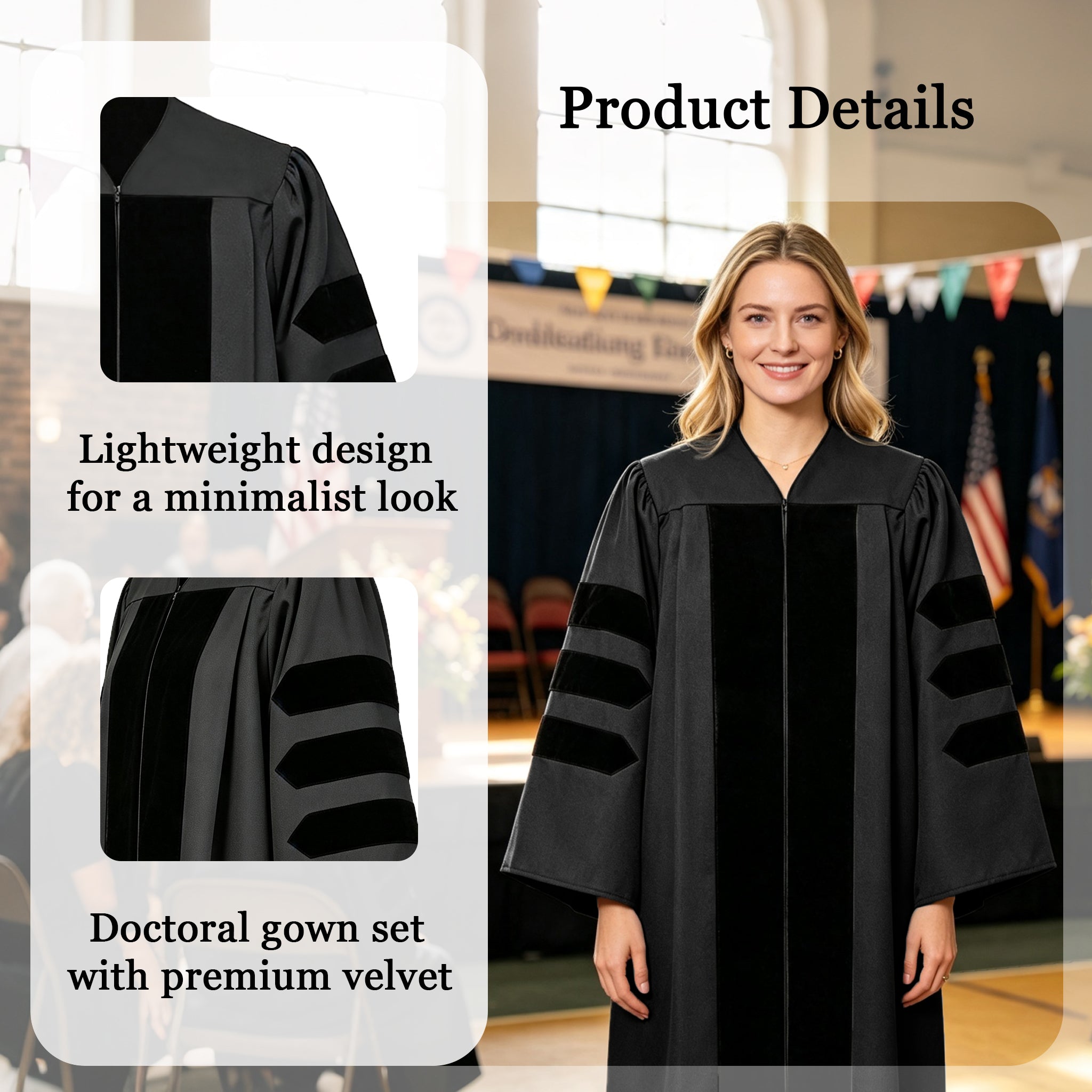 Doctoral Graduation Gown for Economics / PHD Gown with Black Velvet Front Panel-CA graduation
