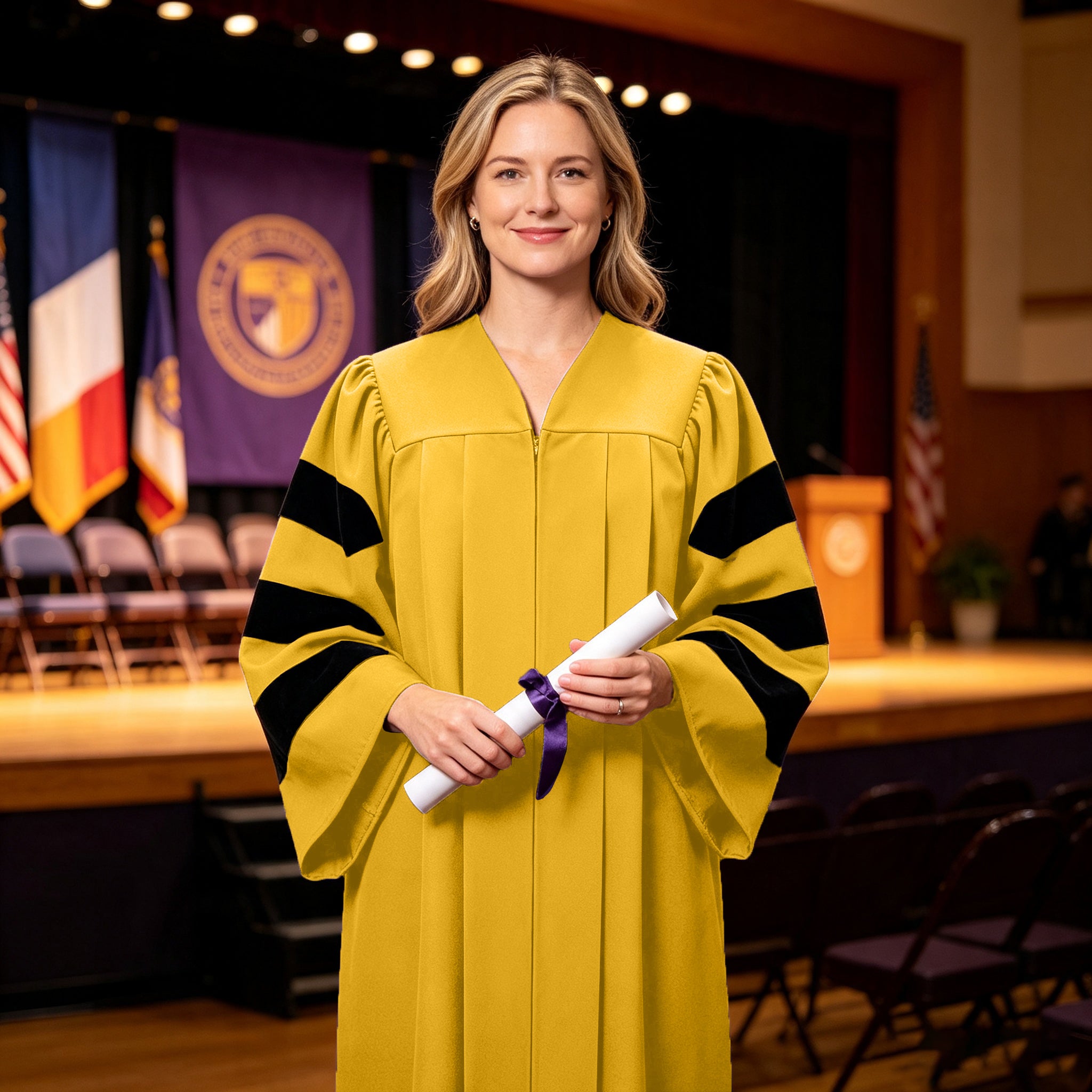 Economy Doctoral Graduation Gown with Black Velvet Sleeve Trim|Doctoral Regalia-CA graduation