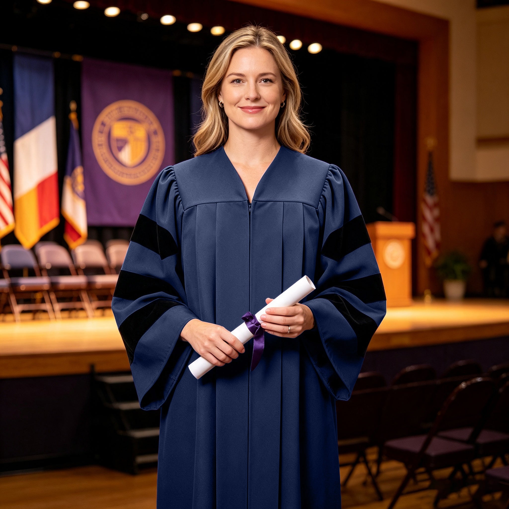 Economy Doctoral Graduation Gown with Black Velvet Sleeve Trim|Doctoral Regalia-CA graduation