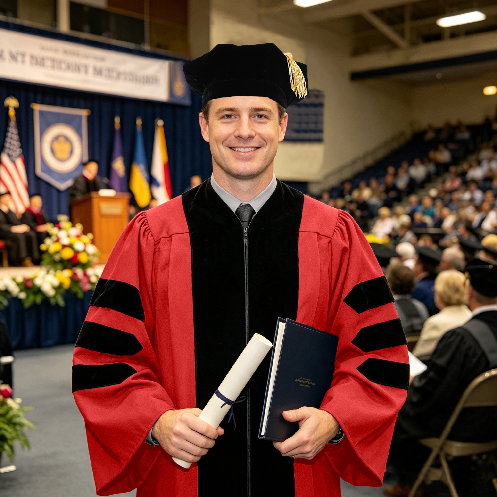 Economy Doctoral Graduation Gown / PHD Gown with Black Velvet Trim-CA graduation
