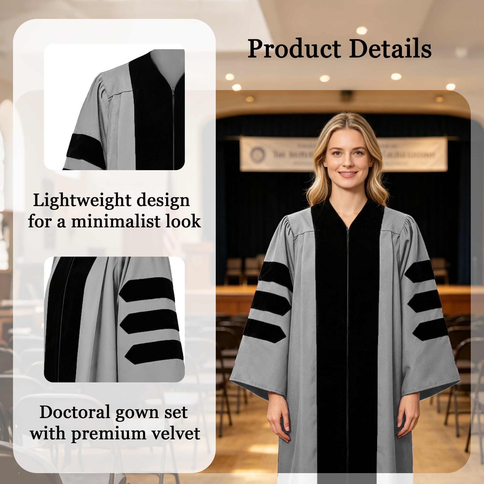 Economy Doctoral Graduation Gown / PHD Gown with Black Velvet Trim-CA graduation