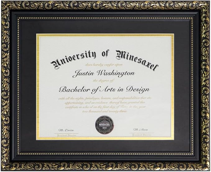 Graduation Diploma Frame Black with Gold Floral Pattern for 8.5"x11" Diploma