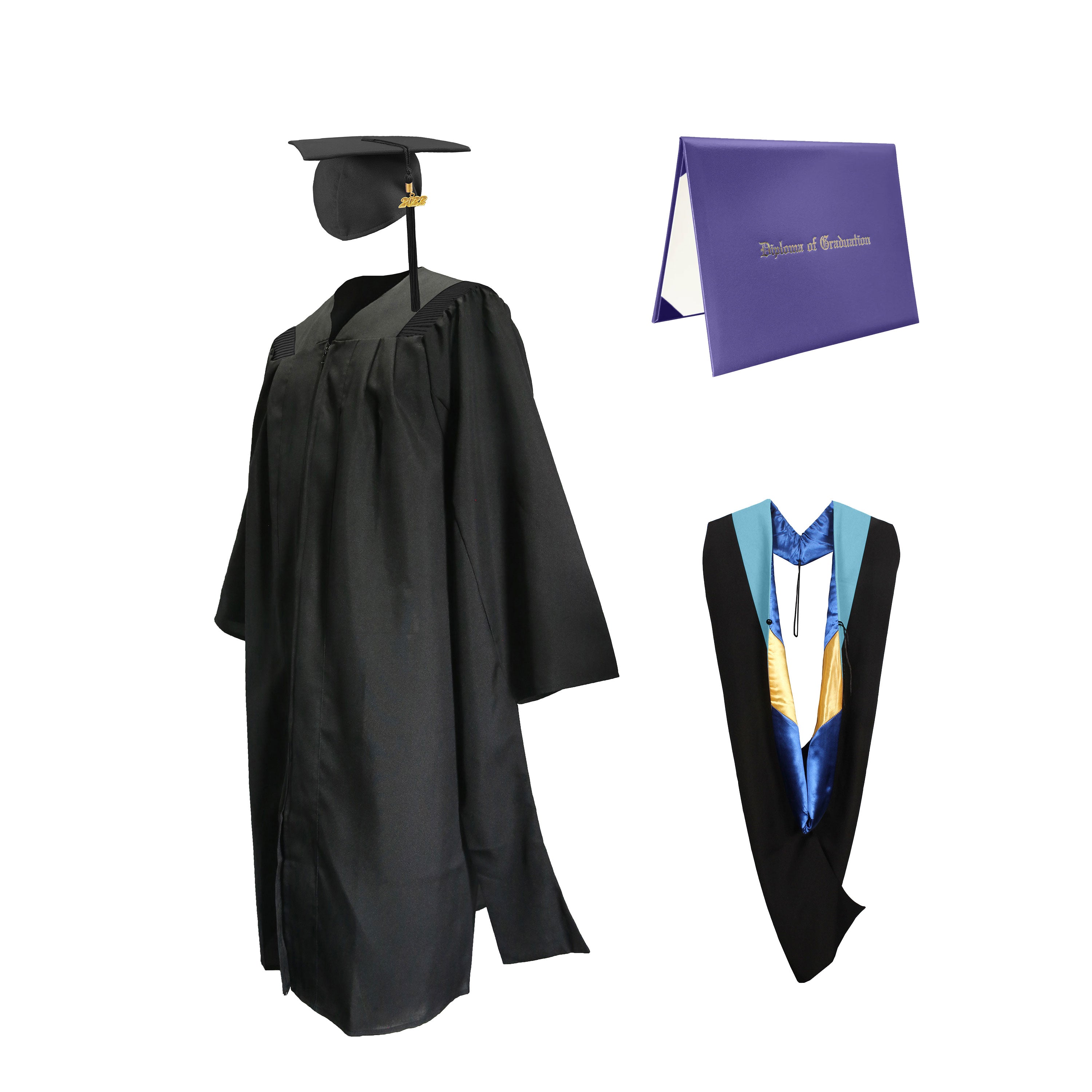 Deluxe Master Graduation Gown Cap with Tassel Charm 2023|2024& Master Graduation Hood in Various Color & Diploma Package-CA graduation