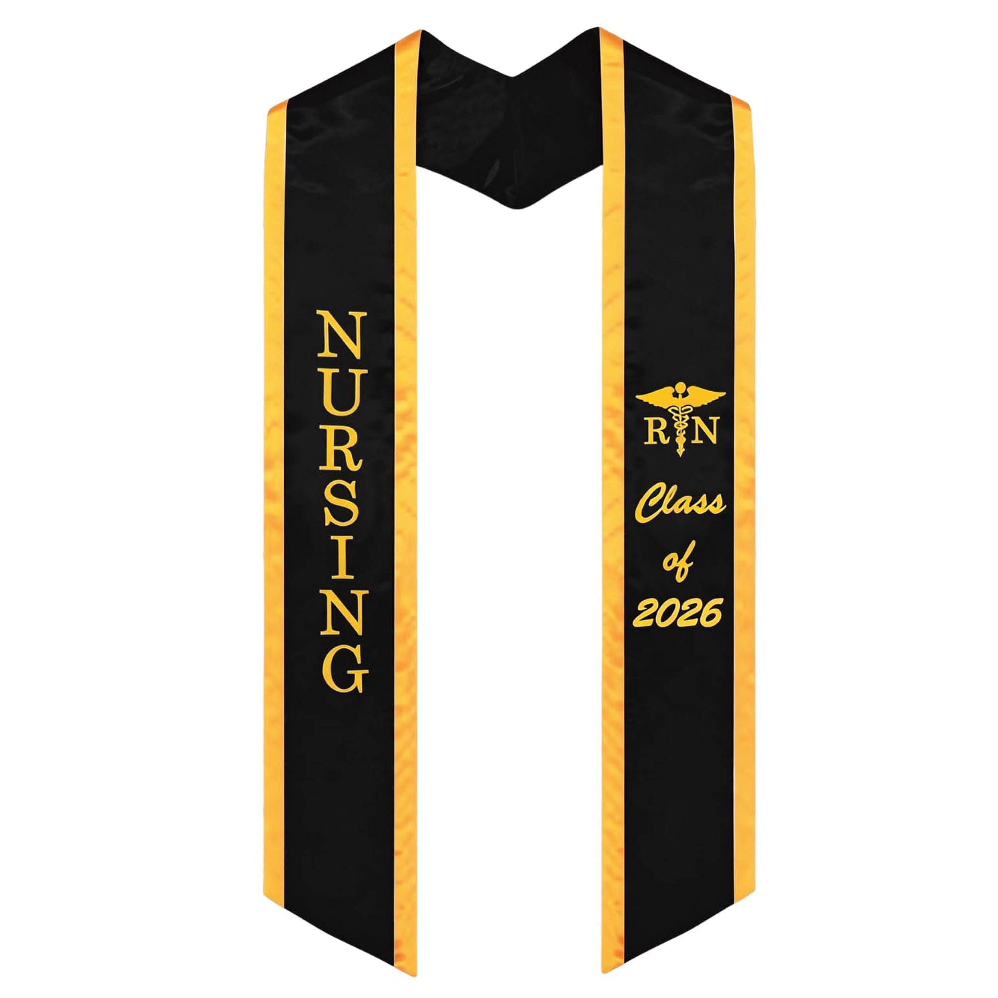 A black graduation sash with gold trim, featuring the word 'NURSING' printed vertically on one side and a medical symbol with 'RN' and 'Class of 2026' on the other, shown against a plain white background.