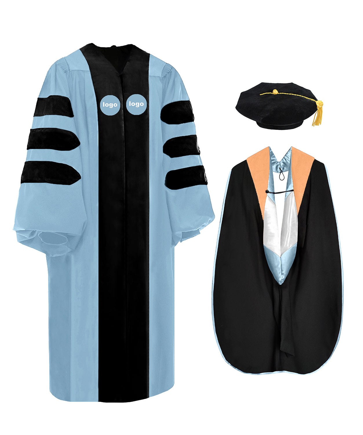 Sky blue Graduation gown, Apricot hood, and black tam on a white background