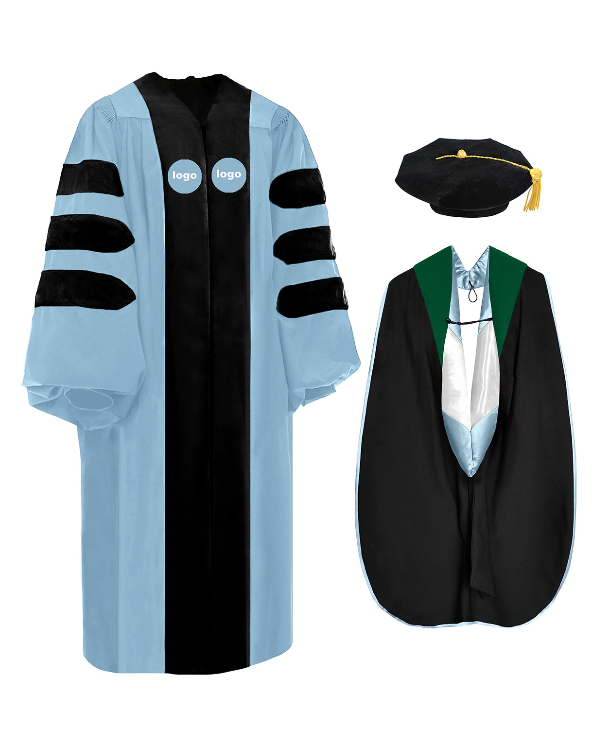 Sky blue Graduation gown, Emerald Green hood, and black tam on a white background