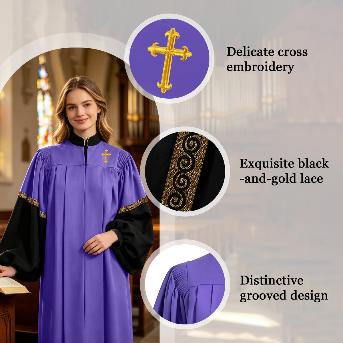 Custom Premium Church Choir Vestment Gown with Cross Embroidery-CA graduation