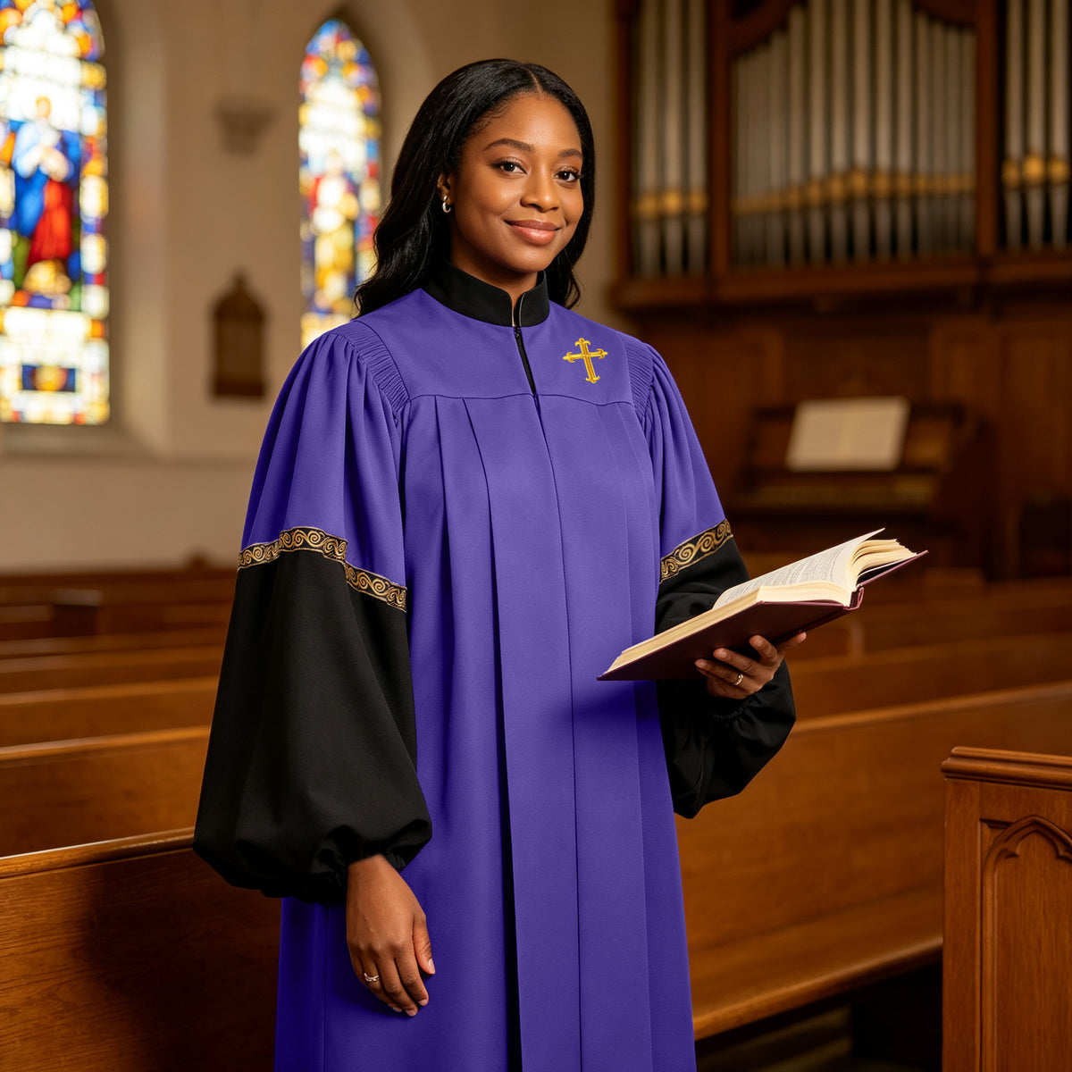 Custom Premium Church Choir Vestment Gown with Cross Embroidery-CA graduation