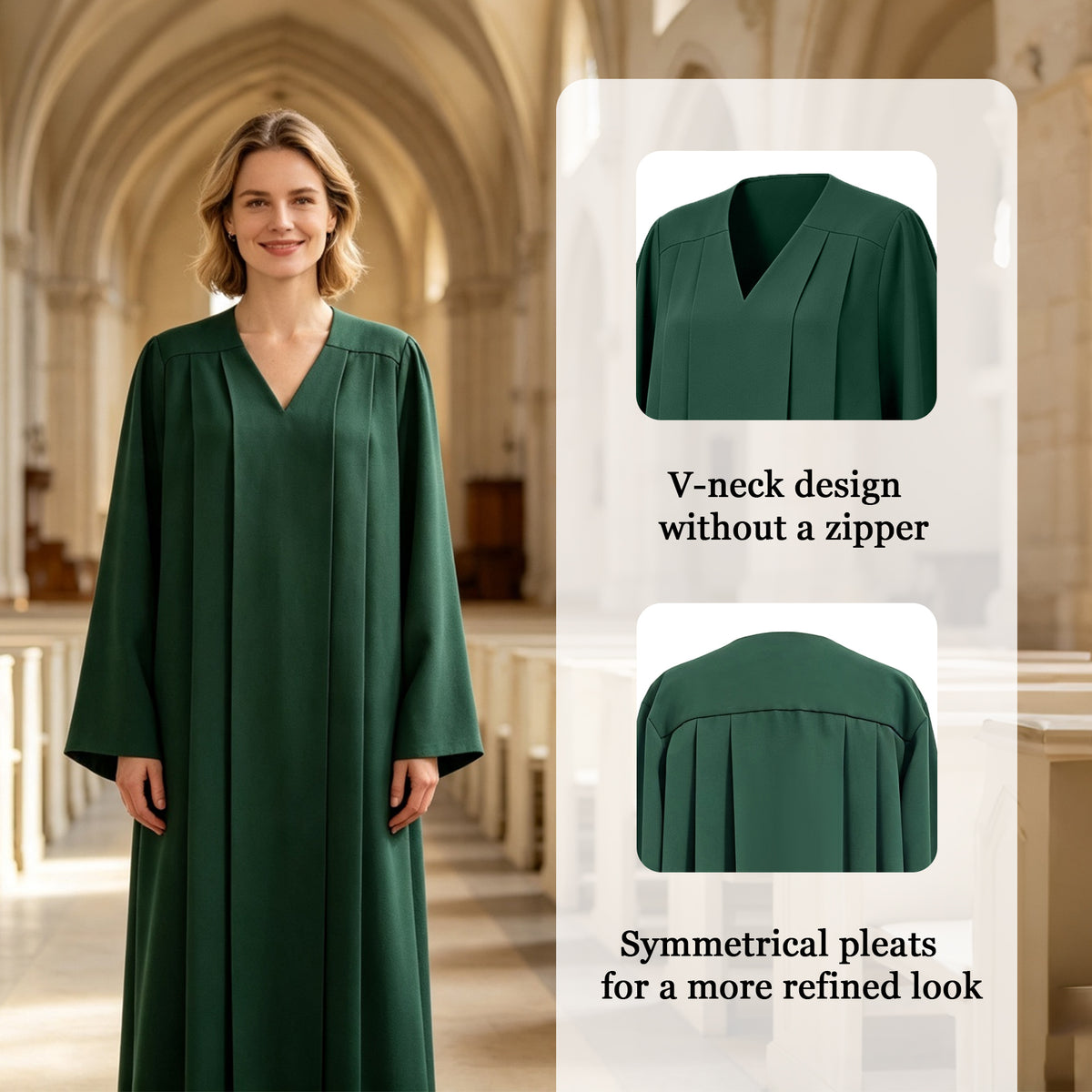Custom Green Choir Robes for Adults – Long Sleeve Graduation Style Choral Gown with Pleated Front Design-CA graduation