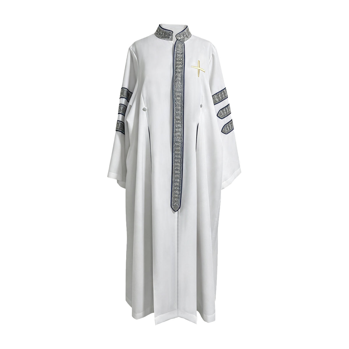 Custom White Clergy Robe with Cross Embroidery & Silver Trim | Church Vestment for Priest and Choir-CA graduation