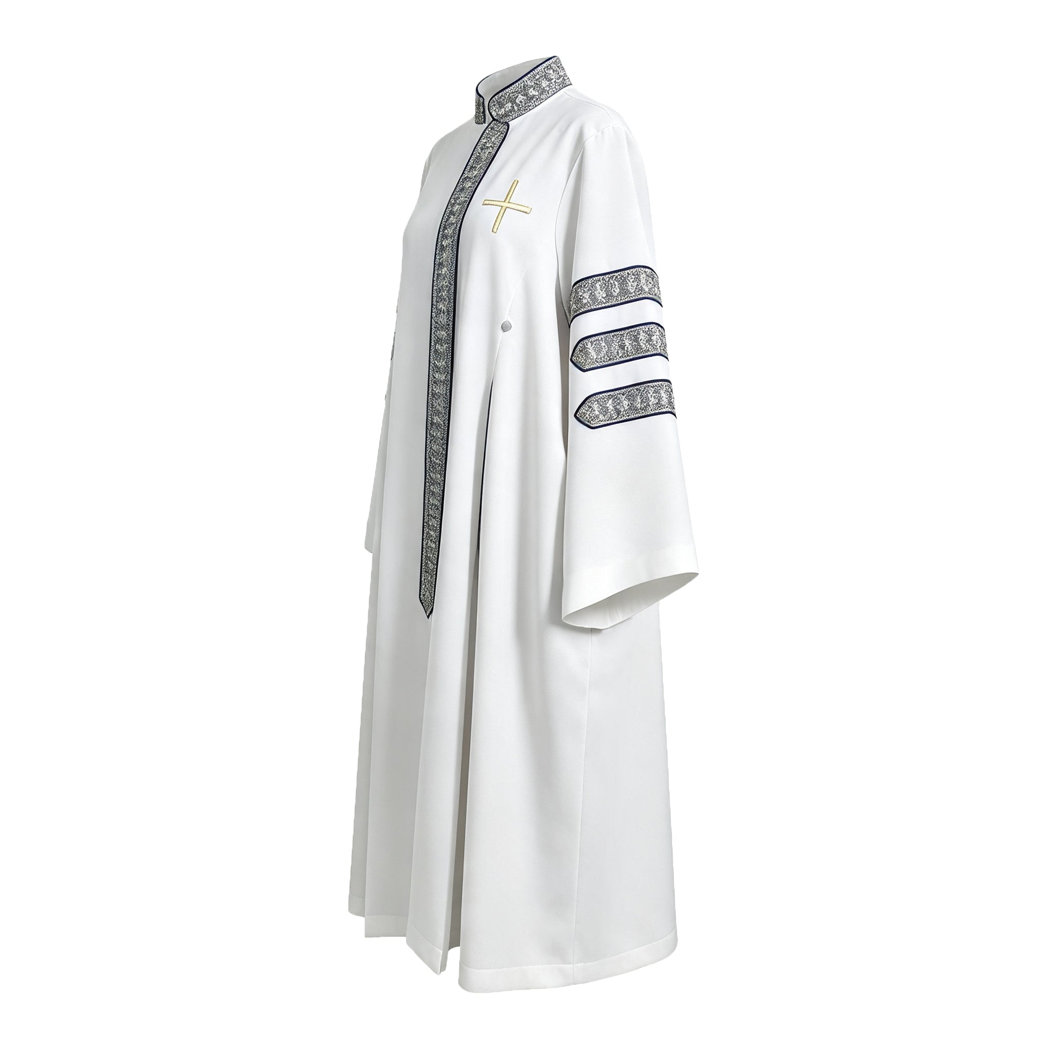 Custom White Clergy Robe with Cross Embroidery & Silver Trim | Church Vestment for Priest and Choir-CA graduation