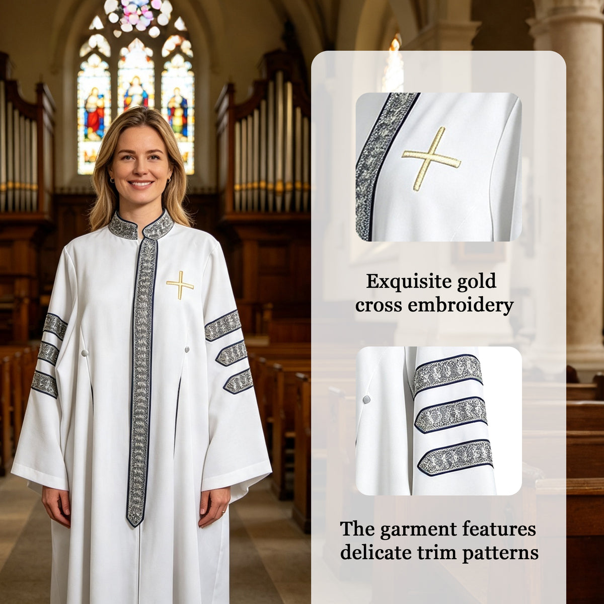 Custom White Clergy Robe with Cross Embroidery & Silver Trim | Church Vestment for Priest and Choir-CA graduation