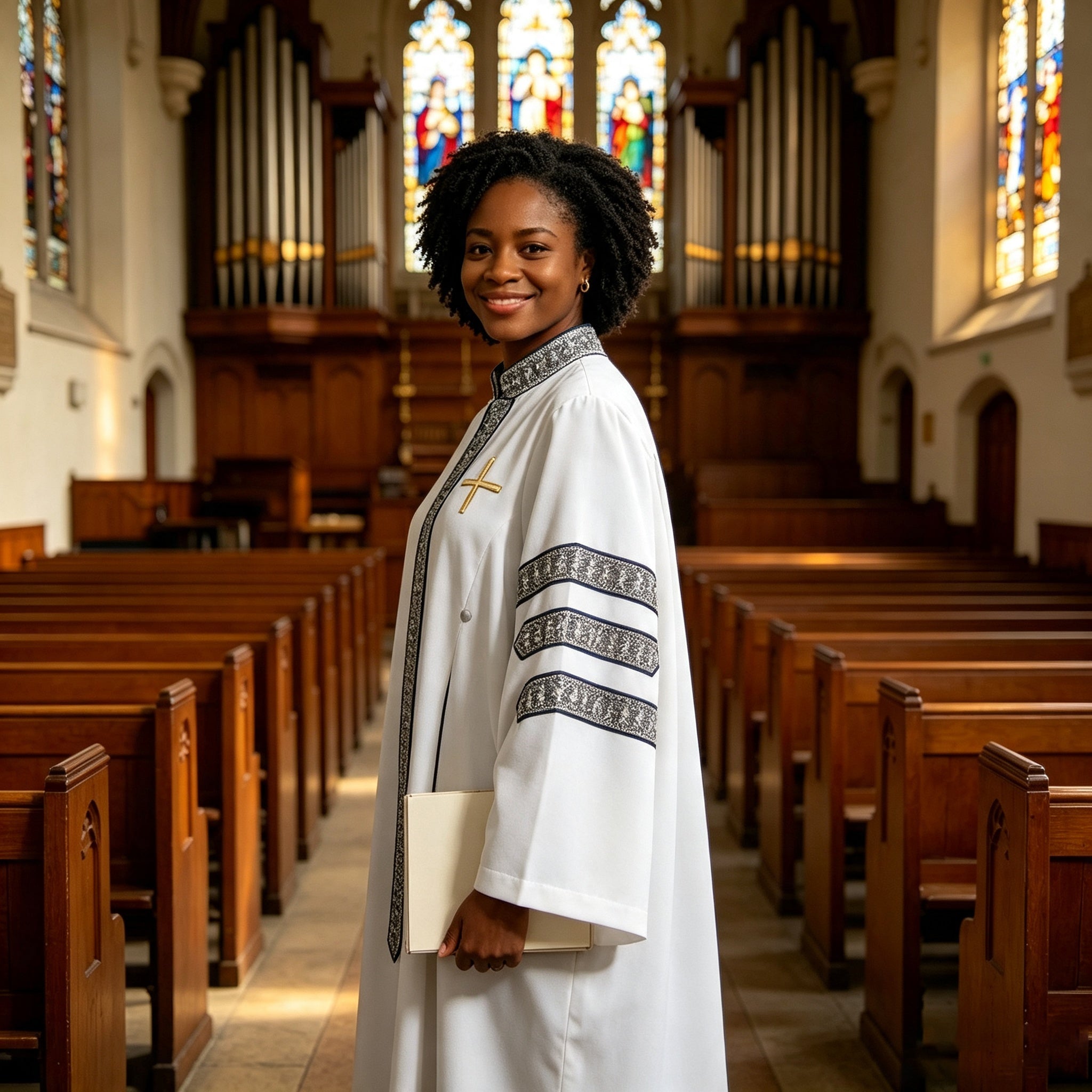 Custom White Clergy Robe with Cross Embroidery & Silver Trim | Church Vestment for Priest and Choir-CA graduation