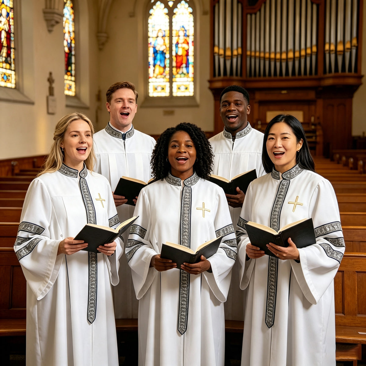 Custom White Clergy Robe with Cross Embroidery & Silver Trim | Church Vestment for Priest and Choir-CA graduation