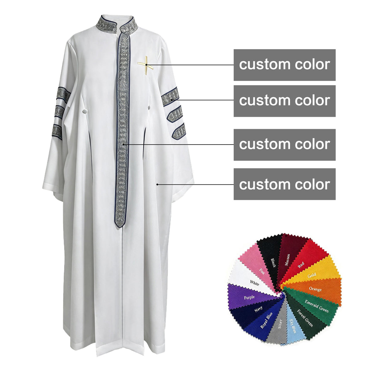 Custom White Clergy Robe with Cross Embroidery & Silver Trim | Church Vestment for Priest and Choir-CA graduation