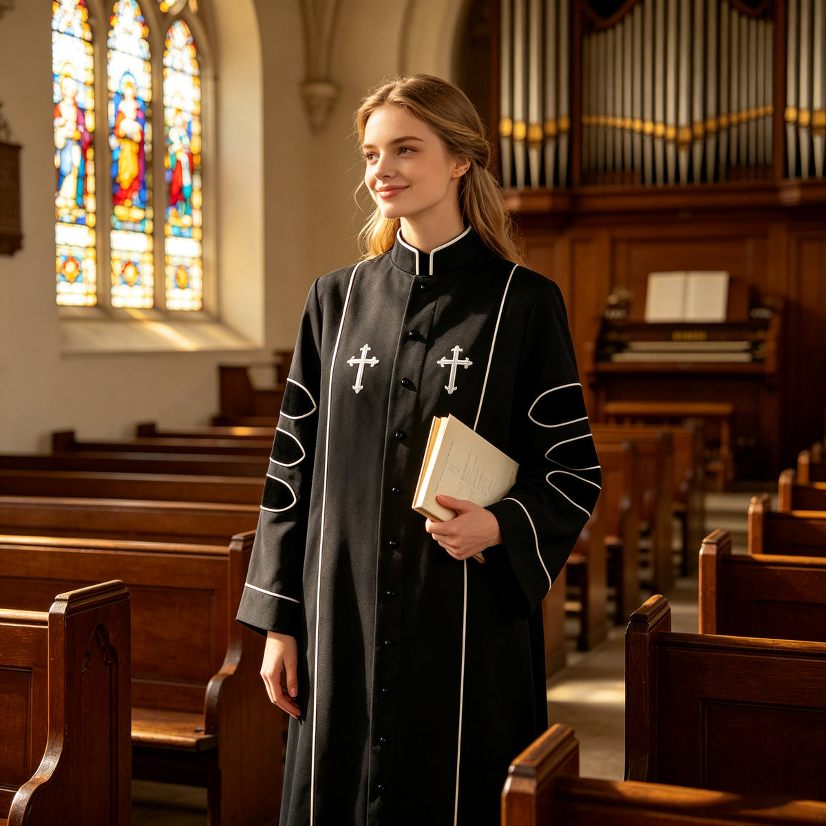 Pastor Clergy Robe Set with Cross | Black Button-Down Church Ministry Robe with White Trim-CA graduation