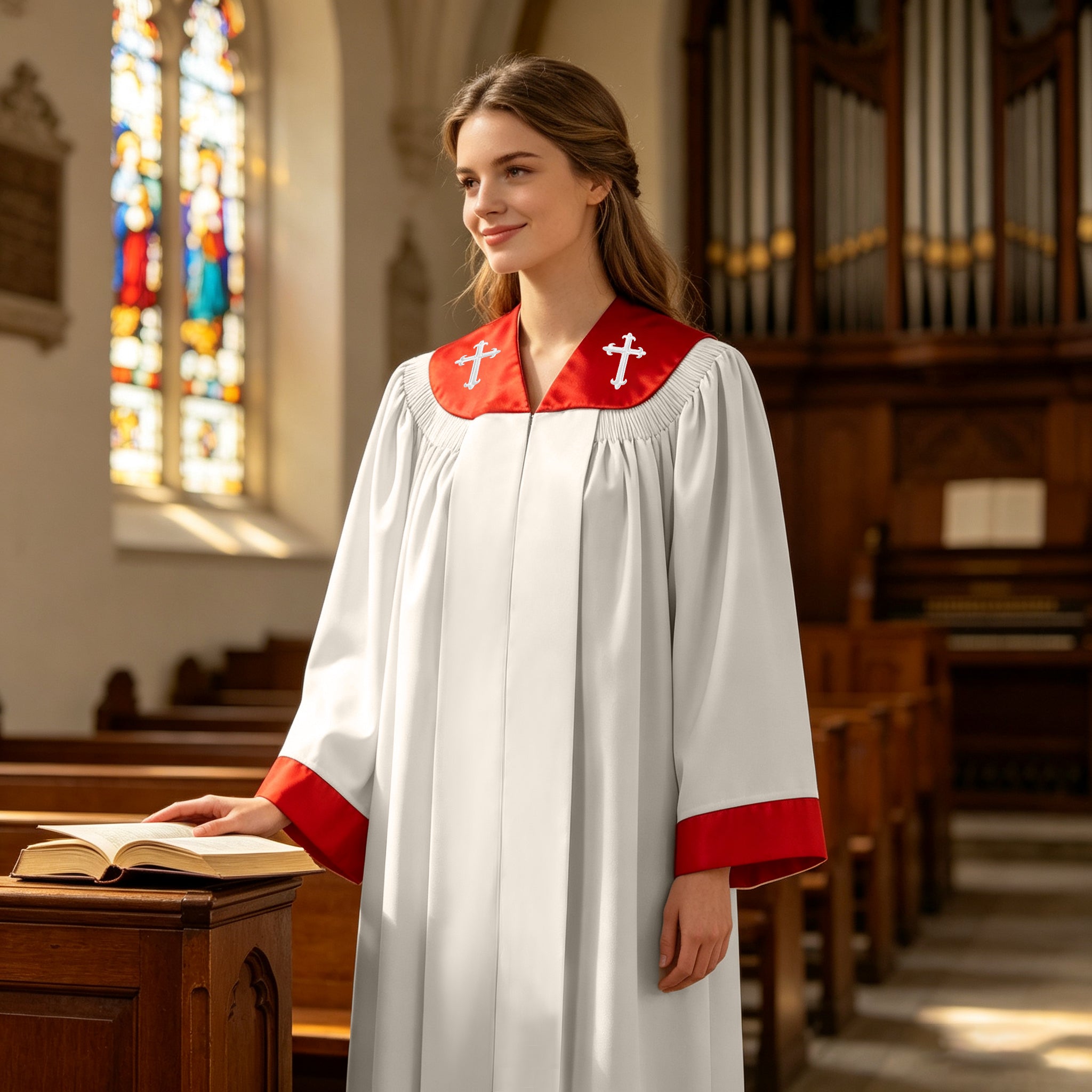 Custom White Choir Robes with Red Cross Stole Collar | Church Choir Vestments for Singers-CA graduation