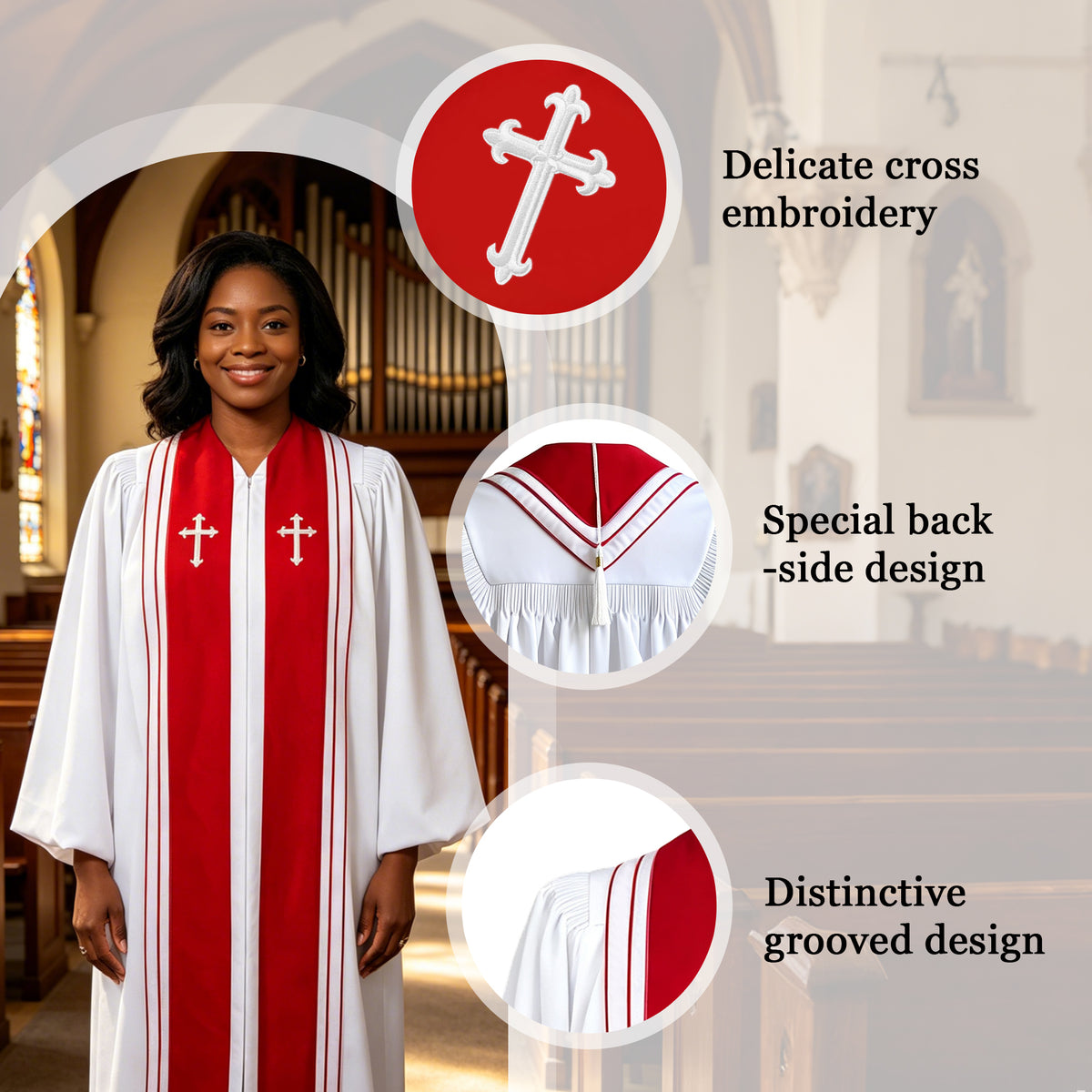 Luxury Clergy Robe with Embroidered Cross | Premium Pastor Ministry Vestment-CA graduation