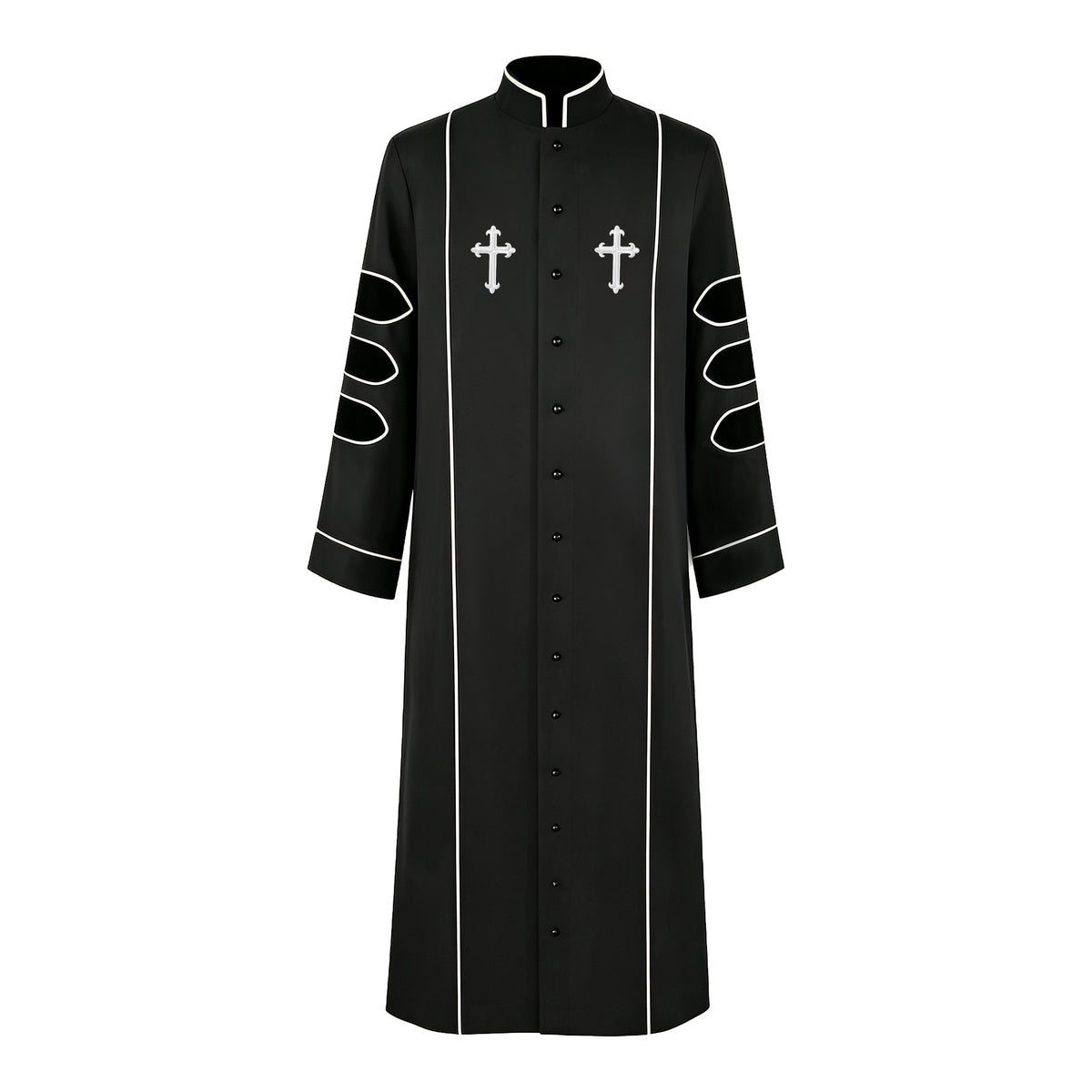 Pastor Clergy Robe Set with Cross | Black Button-Down Church Ministry Robe with White Trim-CA graduation