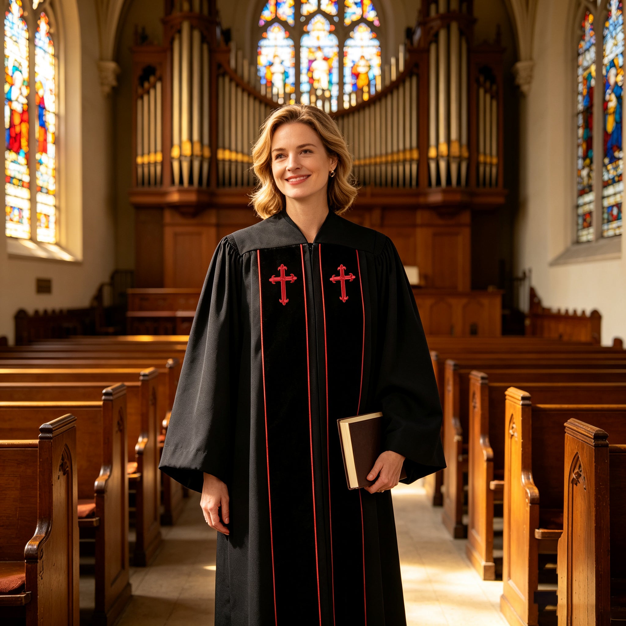 Custom Black Clergy Robe with Red Cross Embroidery – Personalized Pastor Vestment Choir Minister Gown for Church Ceremony-CA graduation