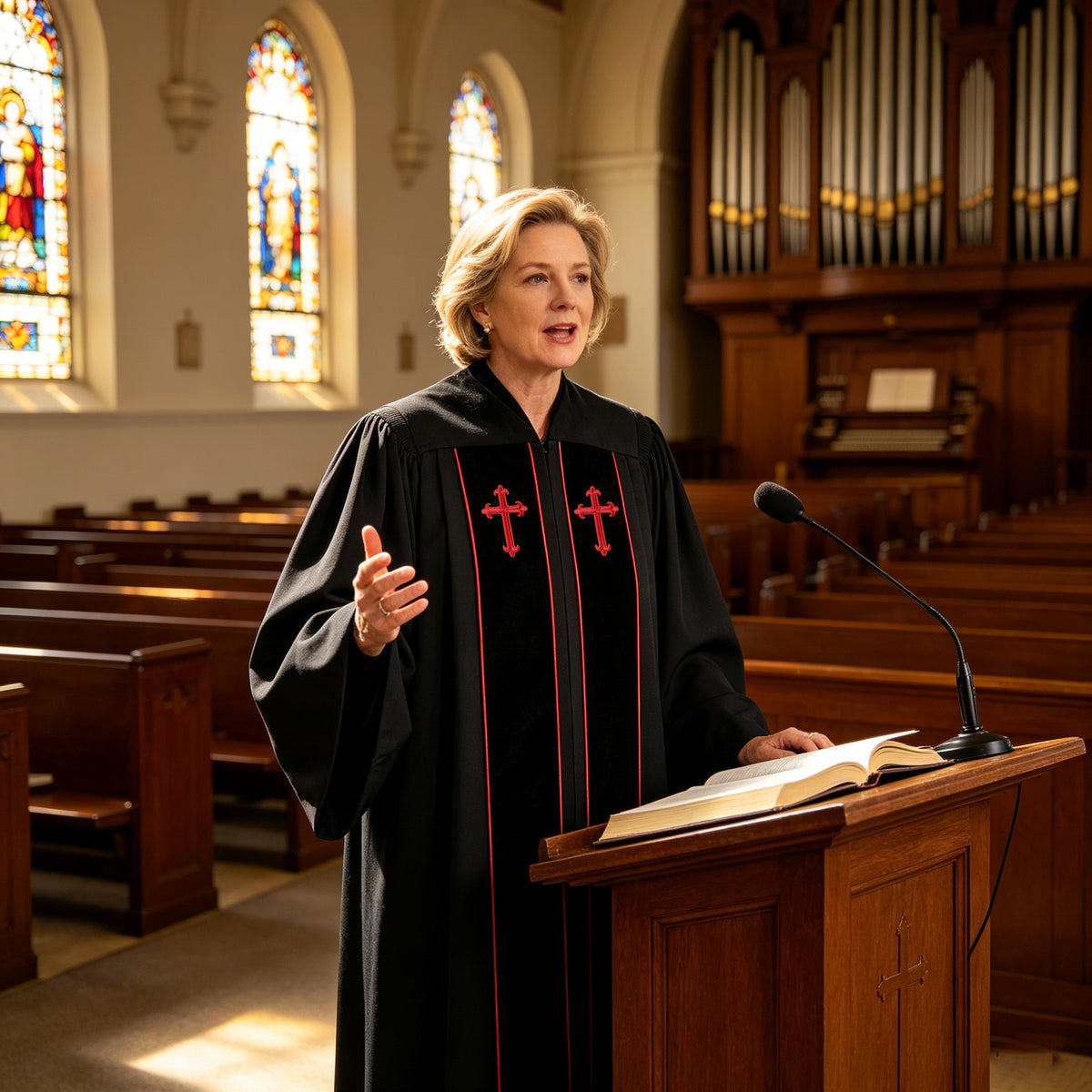 Custom Black Clergy Robe with Red Cross Embroidery – Personalized Pastor Vestment Choir Minister Gown for Church Ceremony-CA graduation