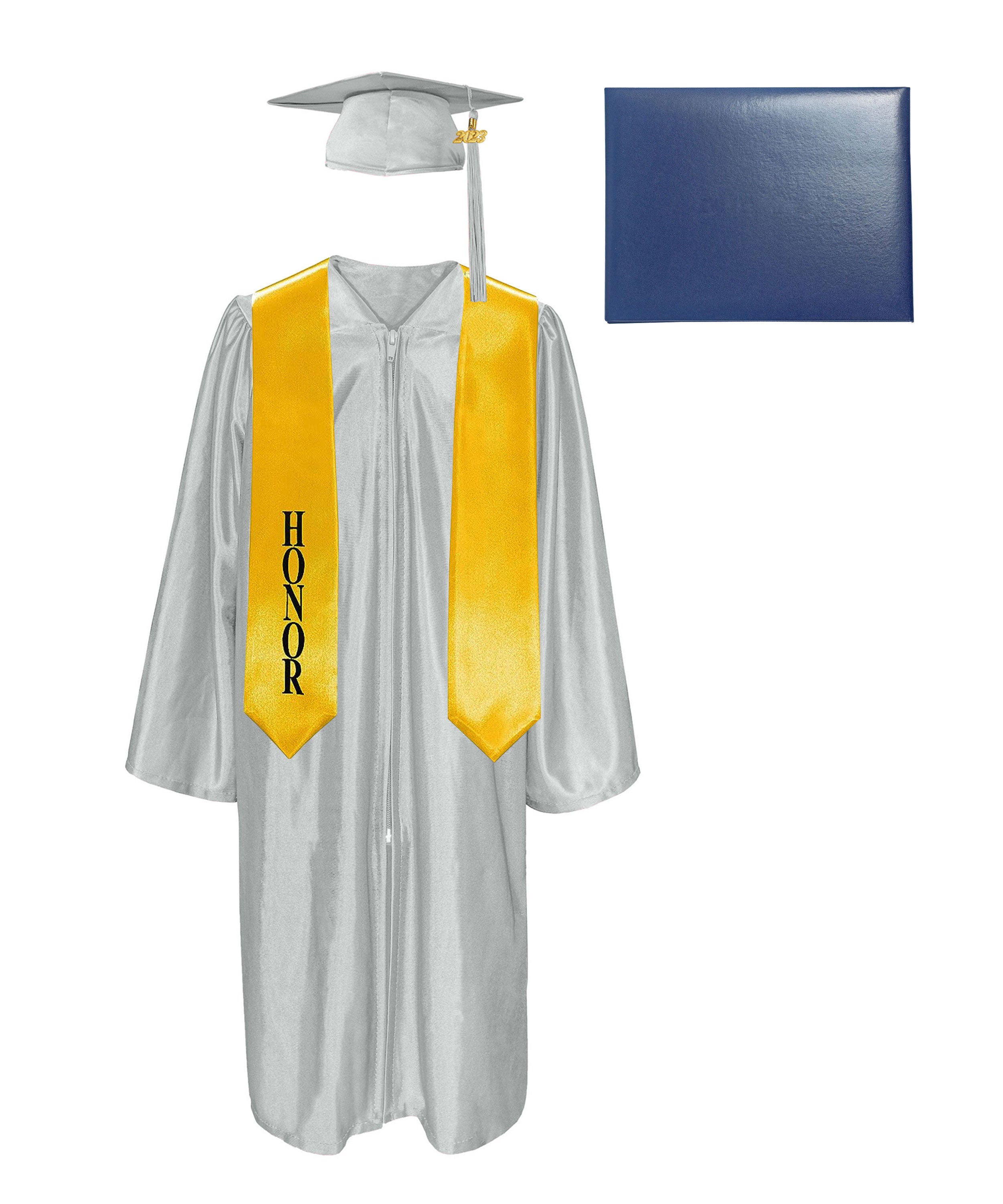 Shiny Cap, Gown, Tassel,Honor Stole 60”& Diploma Cover Package-CA graduation