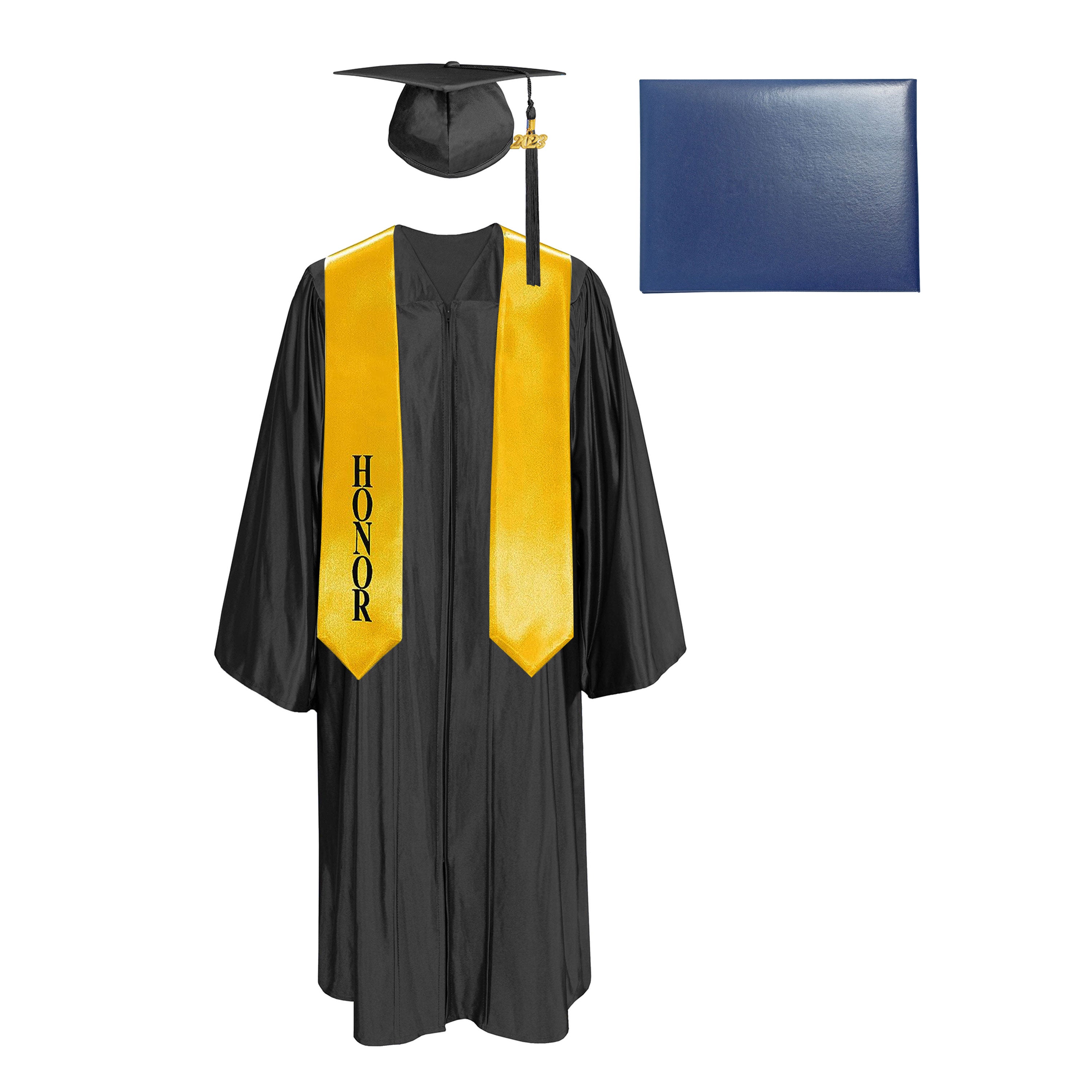 Shiny Cap, Gown, Tassel,Honor Stole 60”& Diploma Cover Package-CA graduation