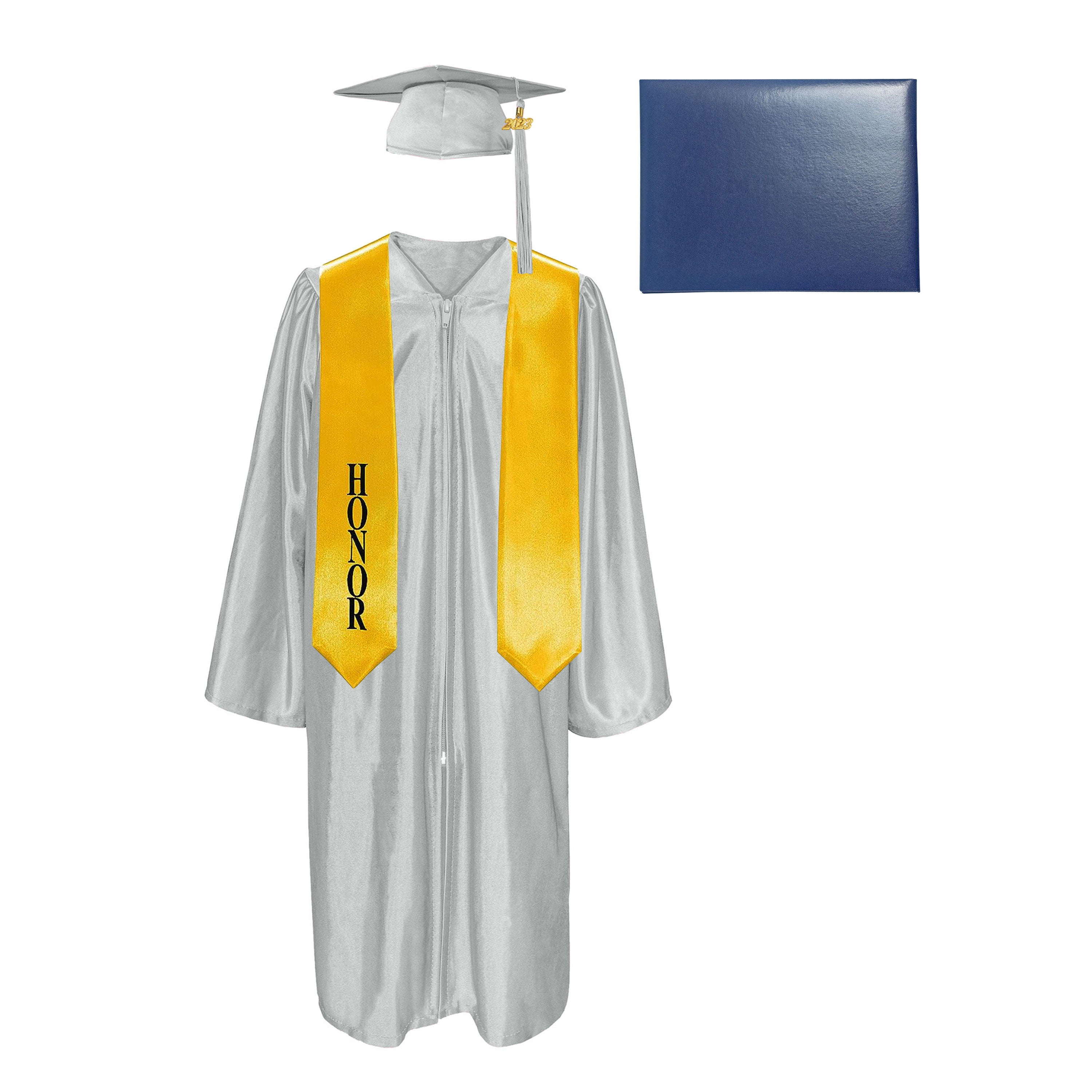 Shiny Cap, Gown, Tassel,Honor Stole 60”& Diploma Cover Package-CA graduation
