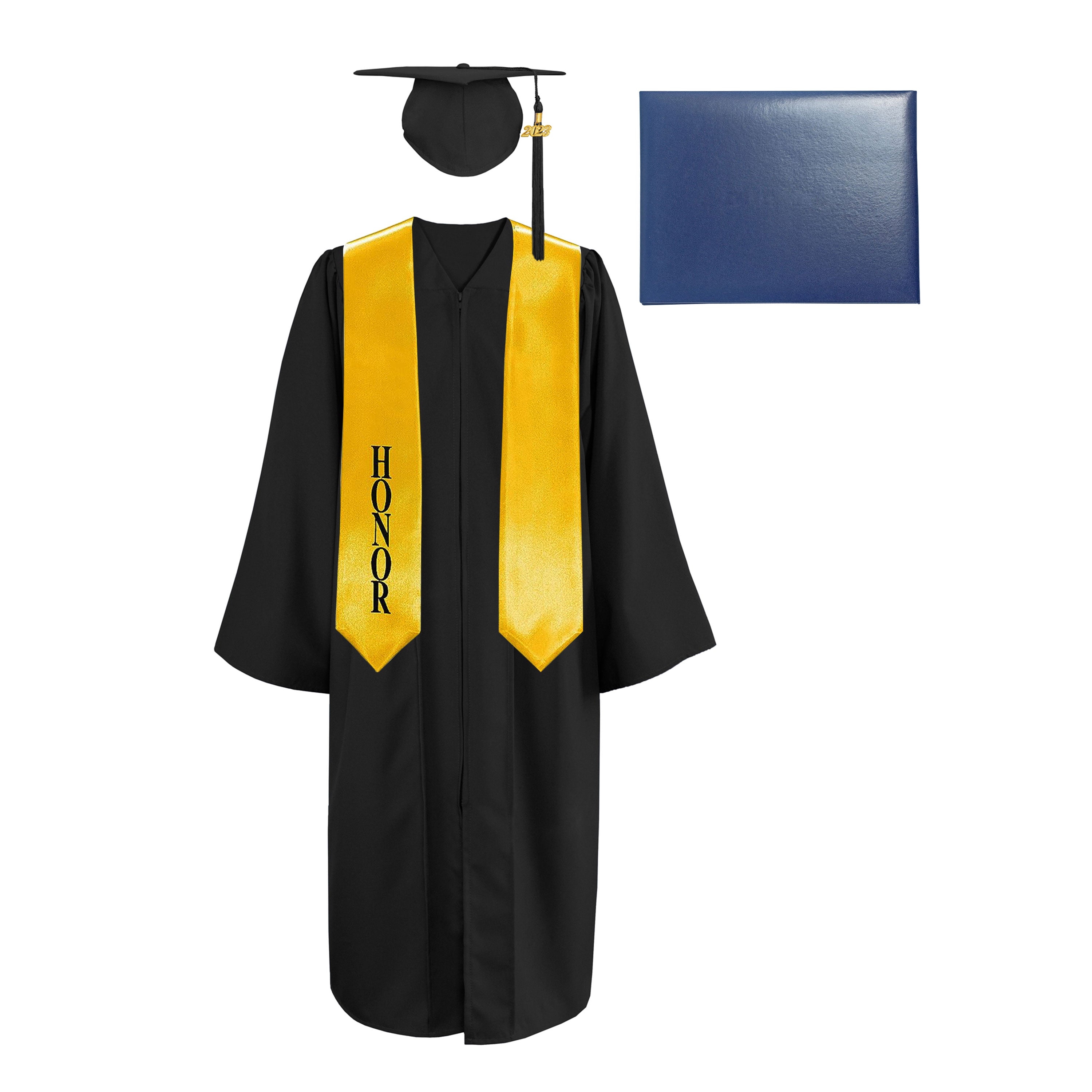 Matte Cap, Gown, Tassel,Honor Stole 60”& Diploma Cover Package-CA graduation