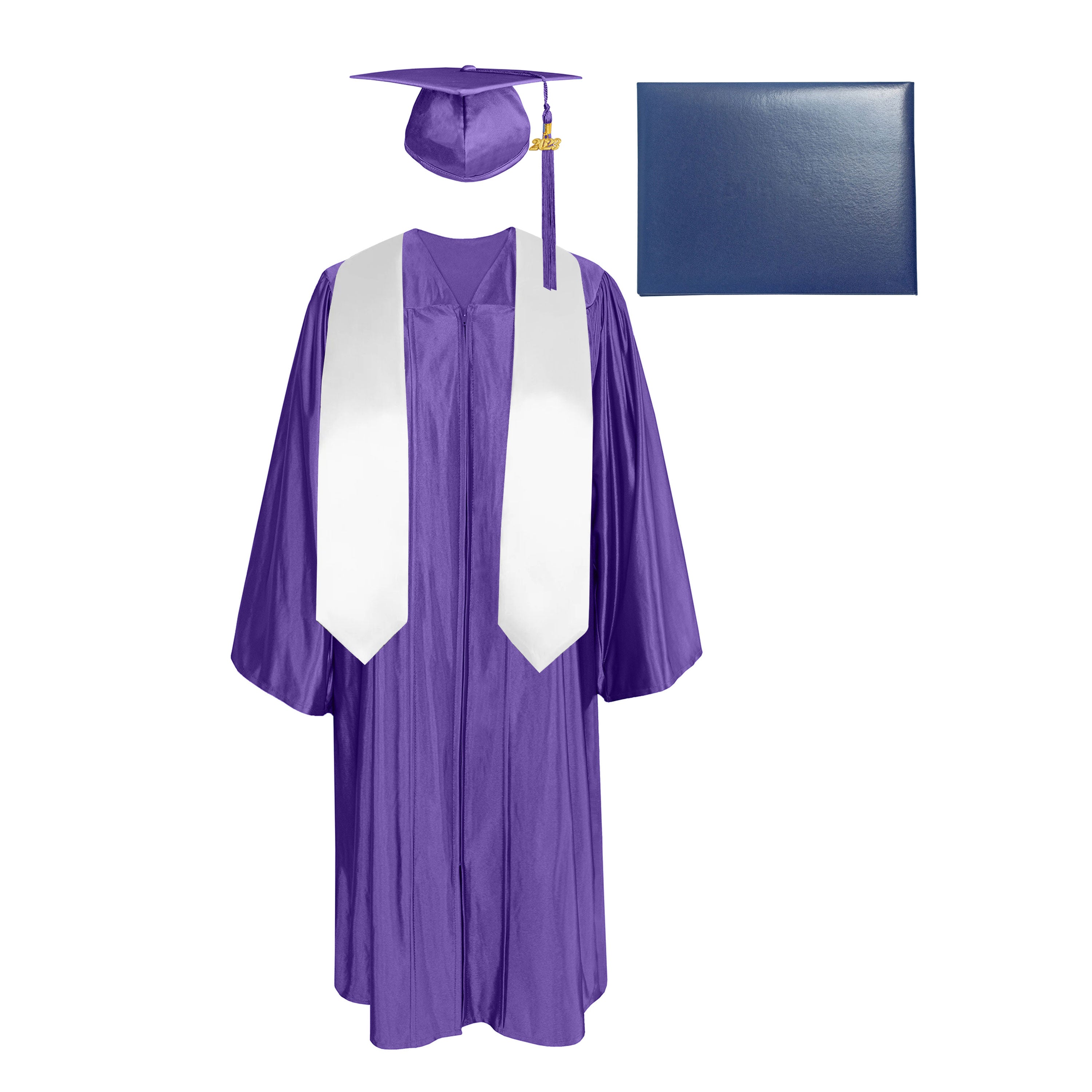 Shiny Cap, Gown, Tassel,Plain Graduation Stole 60” & Diploma Cover Package-CA graduation