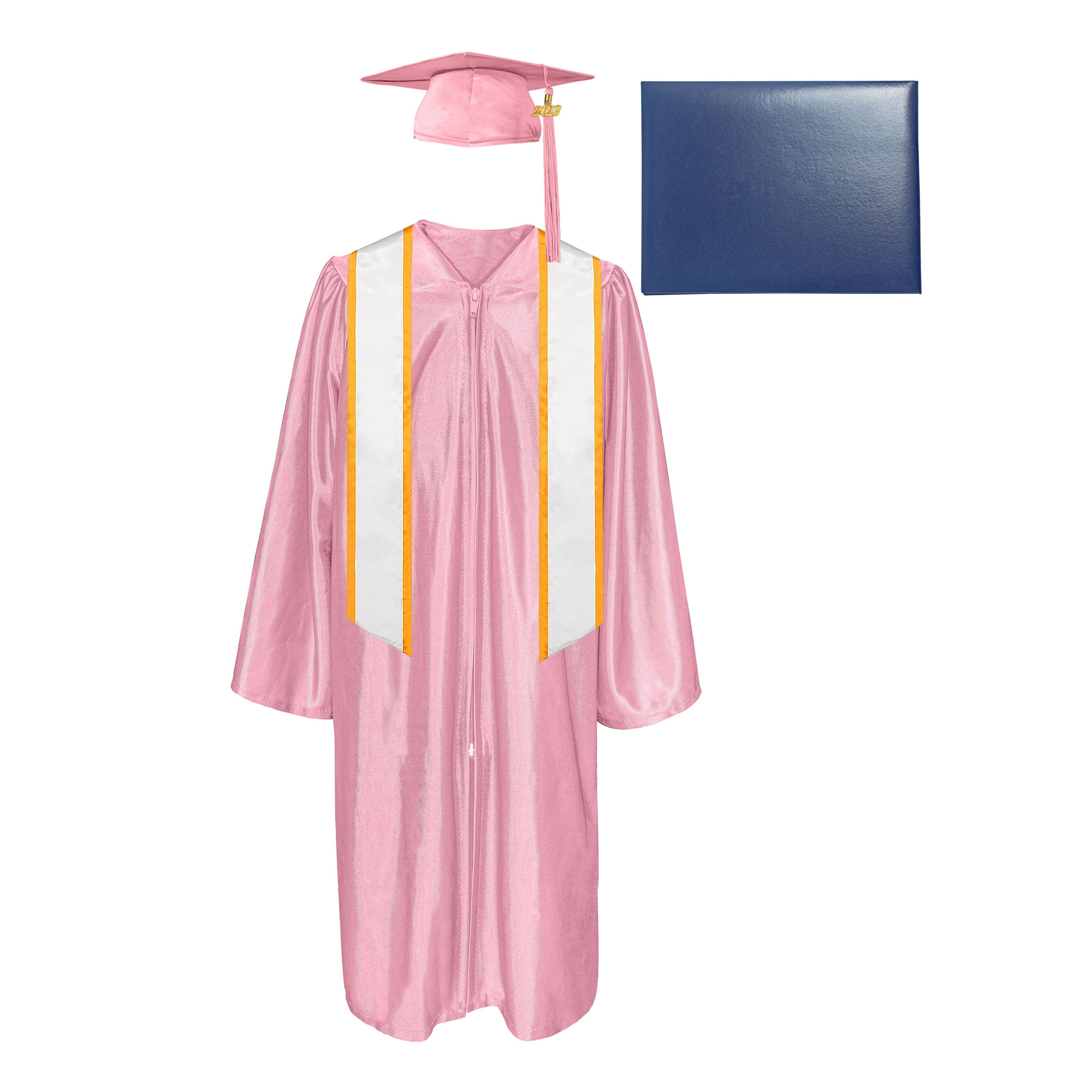 Shiny Cap, Gown, Tassel,Honor Stole Angled End with Trim 72” & Diploma Cover Package-CA graduation