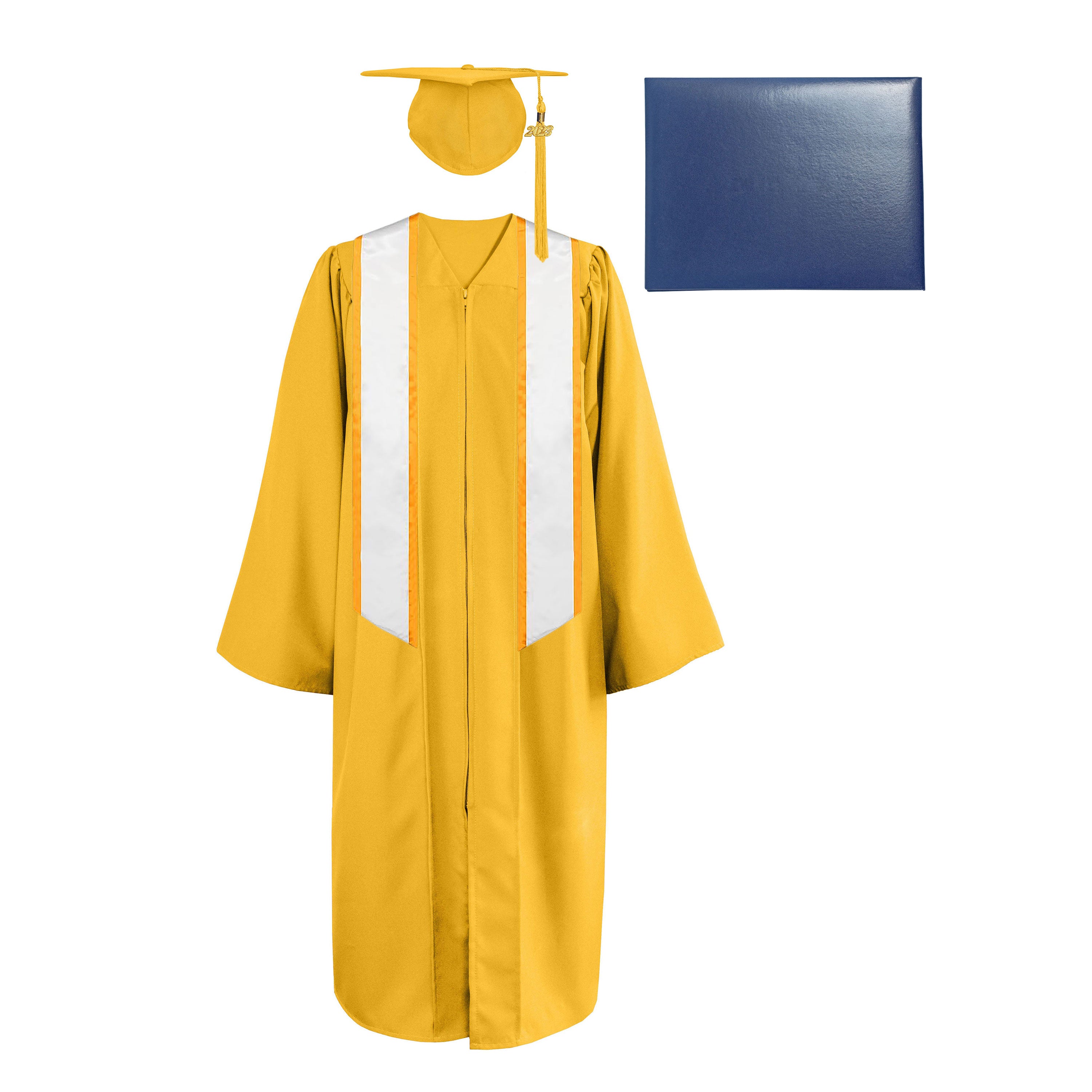 Matte Cap, Gown, Tassel,Honor Stole Angled End with Trim 72” & Diploma Cover Package-CA graduation