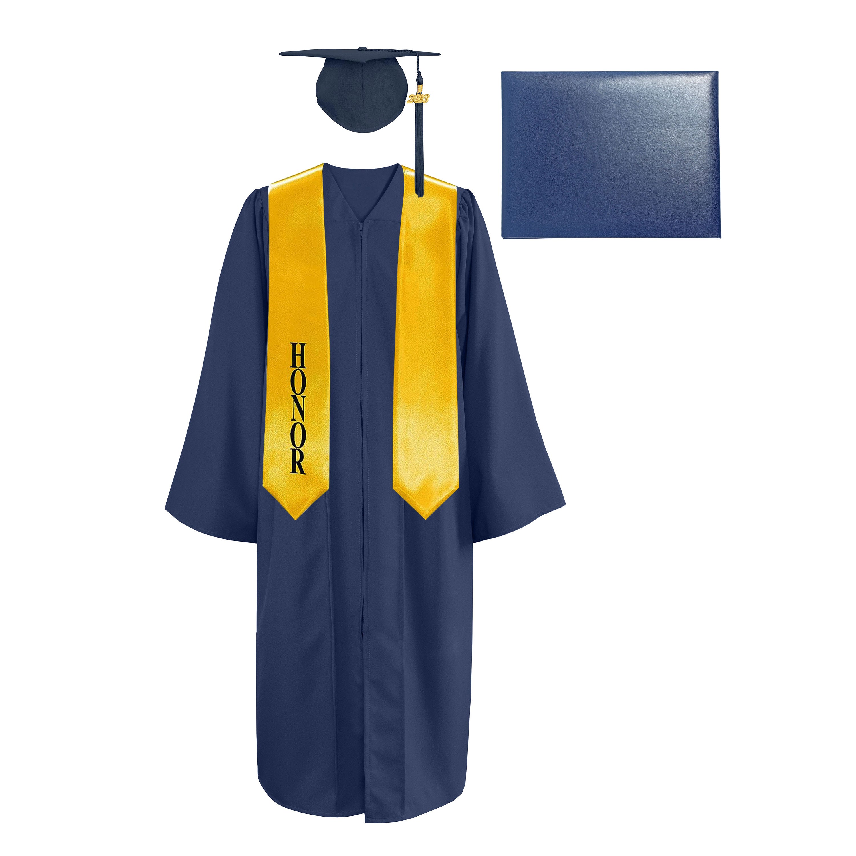 Matte Cap, Gown, Tassel,Honor Stole 60”& Diploma Cover Package-CA graduation