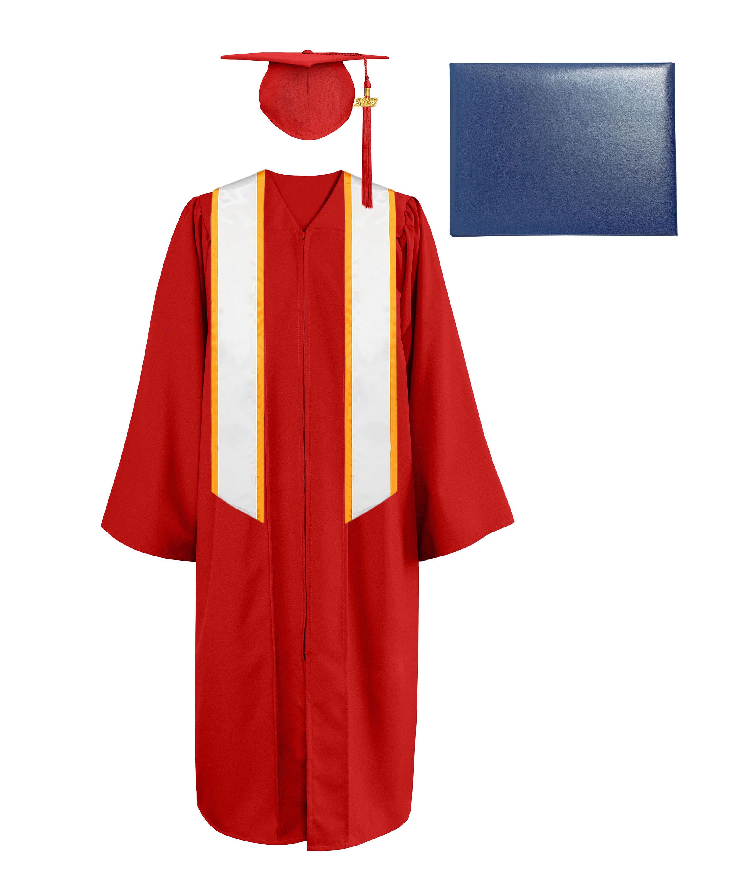Matte Cap, Gown, Tassel,Honor Stole Angled End with Trim 72” & Diploma Cover Package-CA graduation