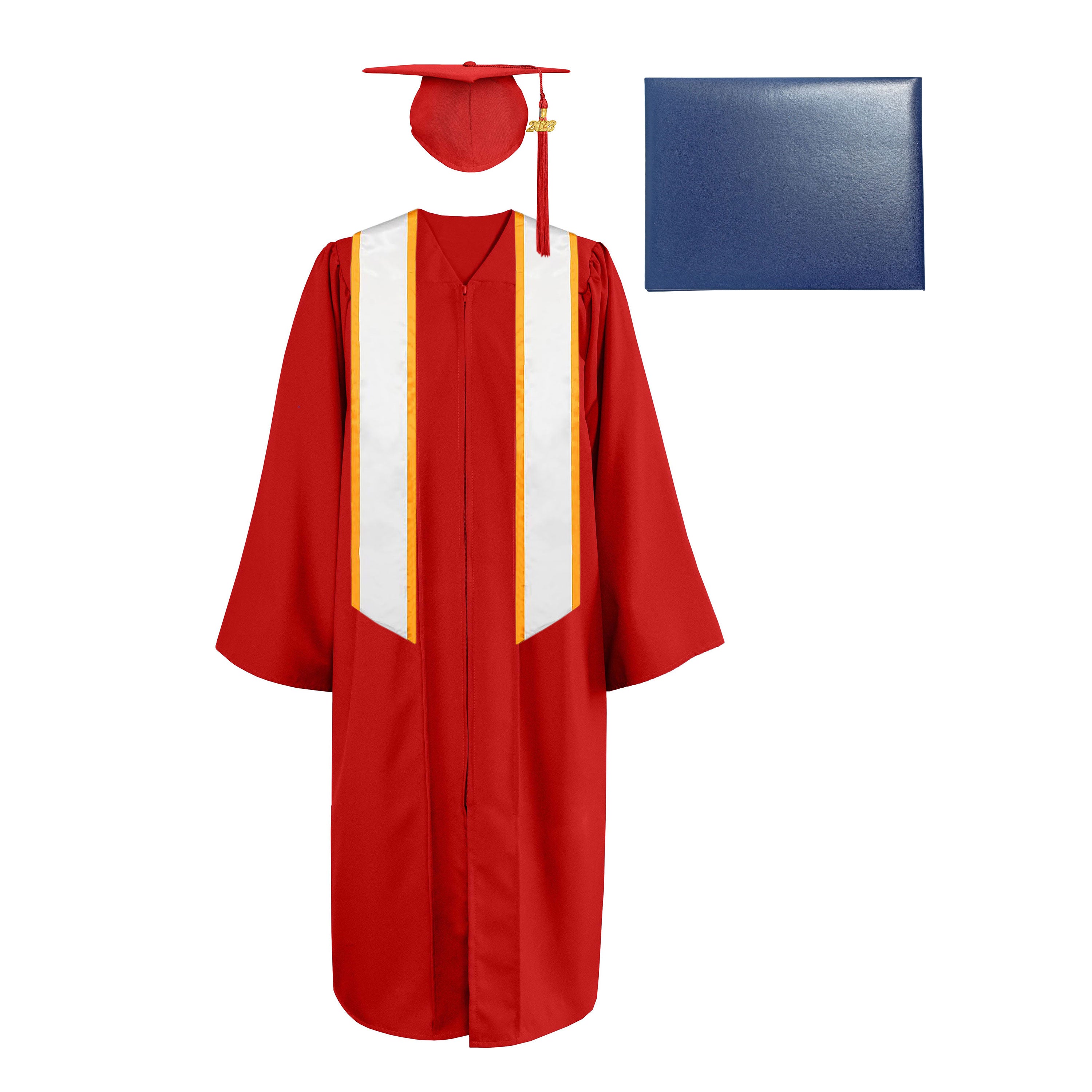 Matte Cap, Gown, Tassel,Honor Stole Angled End with Trim 72” & Diploma Cover Package-CA graduation