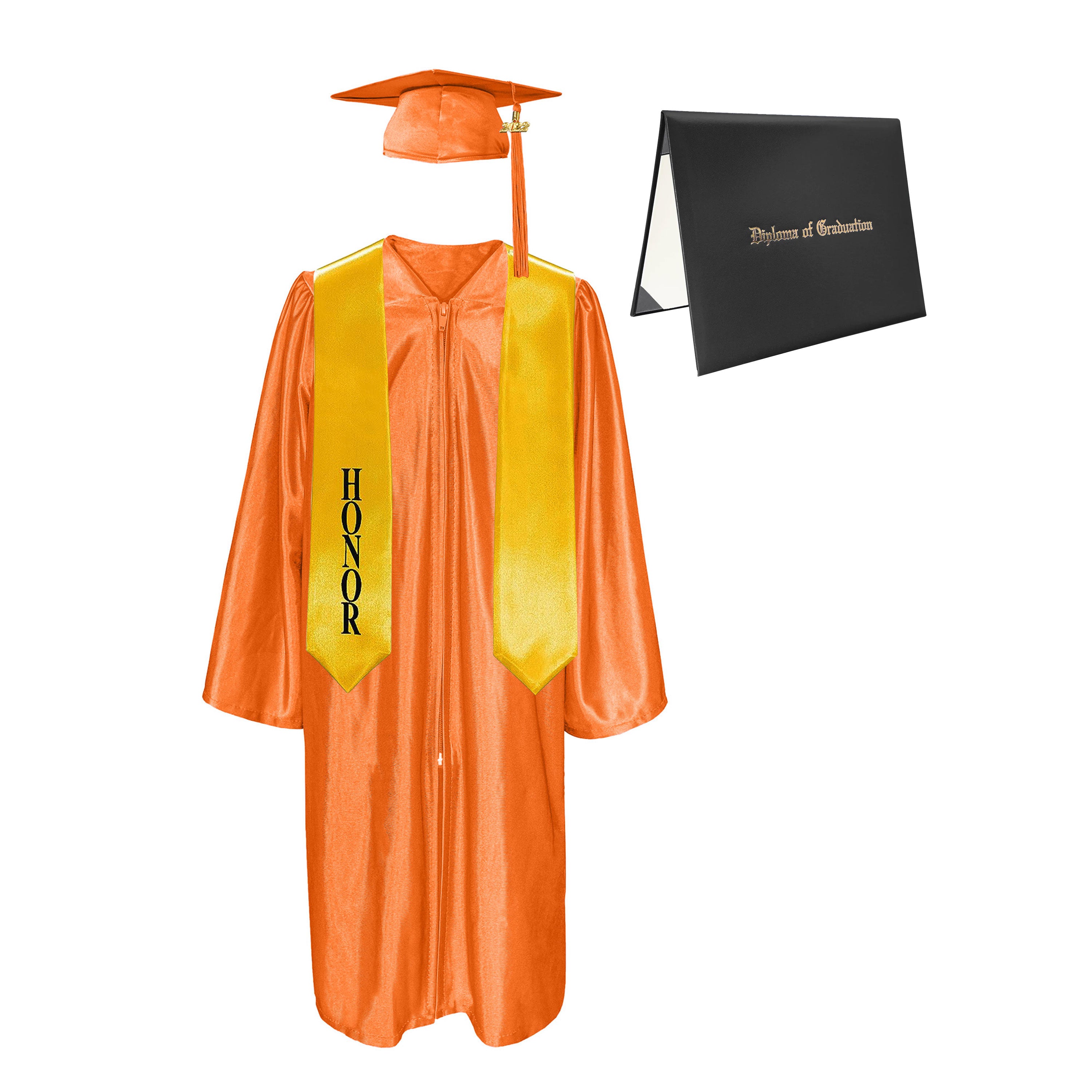 Shiny Cap, Gown, Tassel,Honor Stole 60”& Diploma Cover Package-CA graduation
