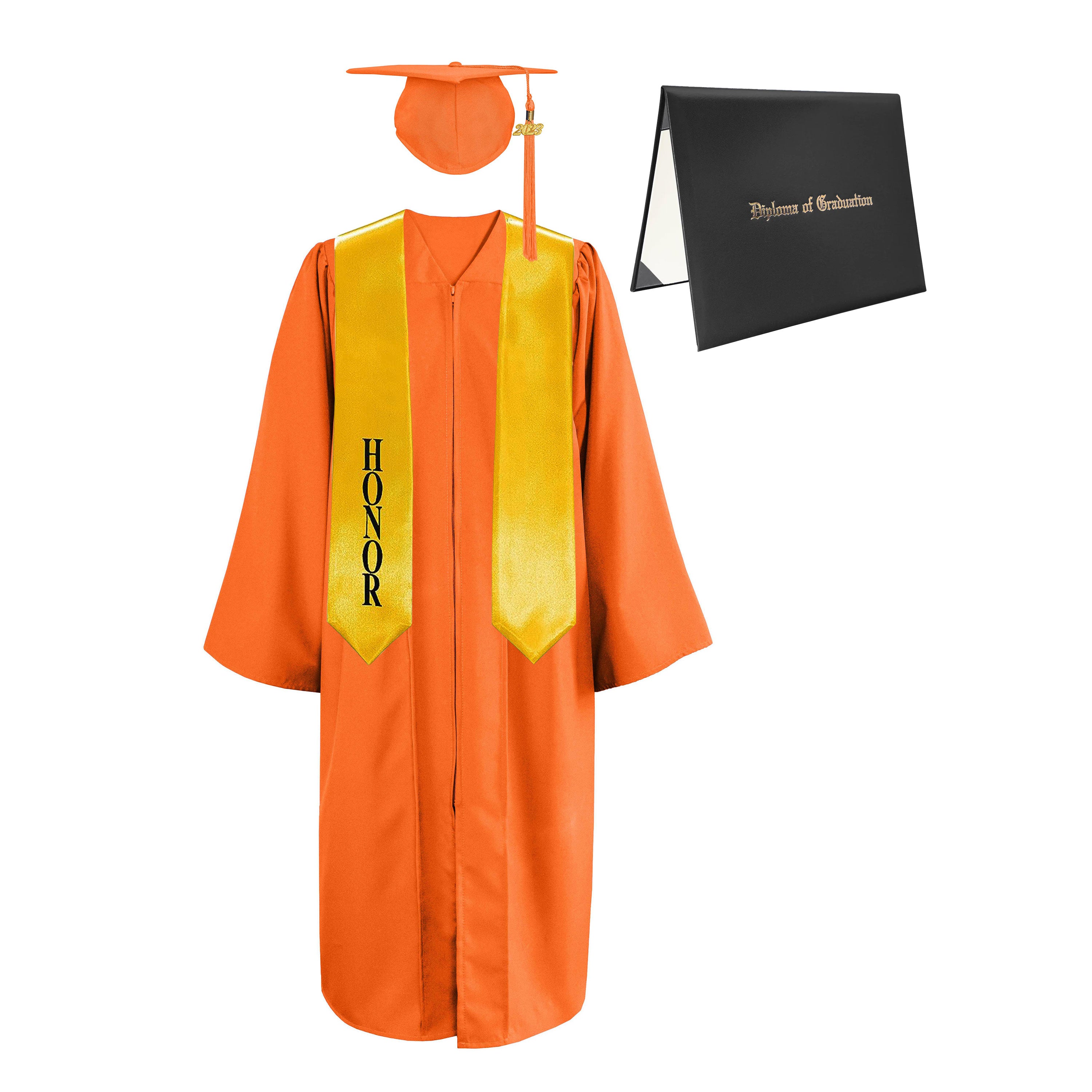 Matte Cap, Gown, Tassel,Honor Stole 60”& Diploma Cover Package-CA graduation