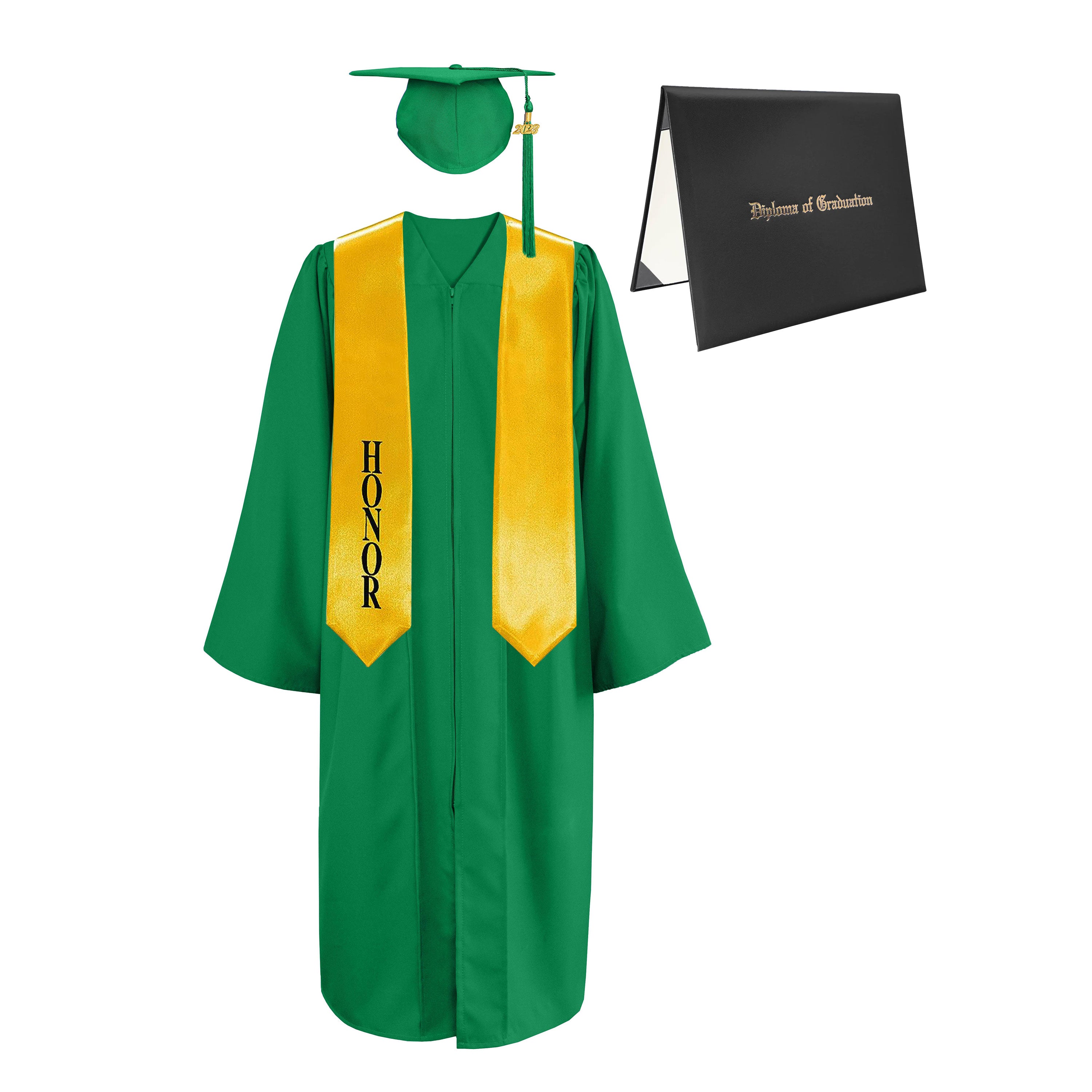 Matte Cap, Gown, Tassel,Honor Stole 60”& Diploma Cover Package-CA graduation
