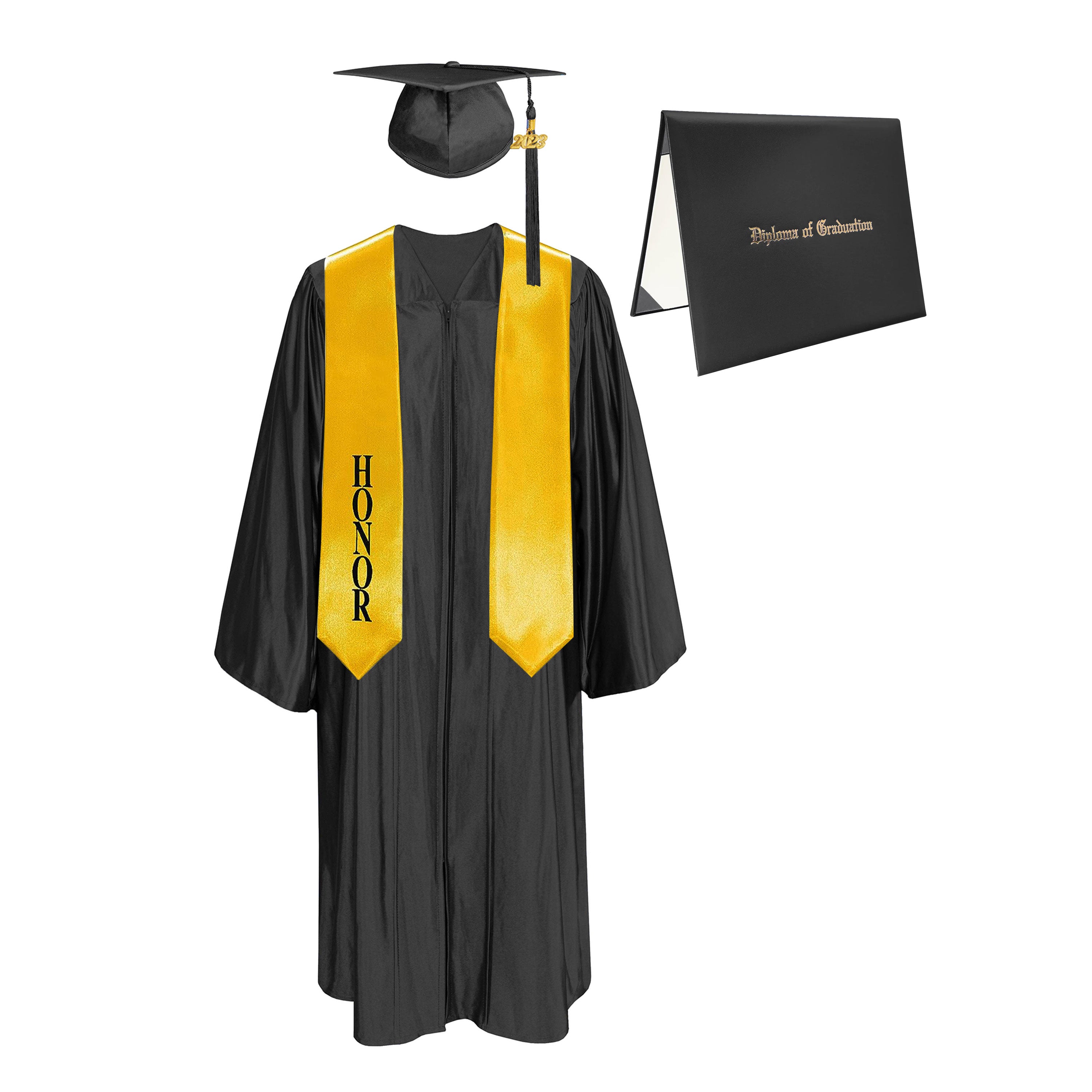 Shiny Cap, Gown, Tassel,Honor Stole 60”& Diploma Cover Package-CA graduation