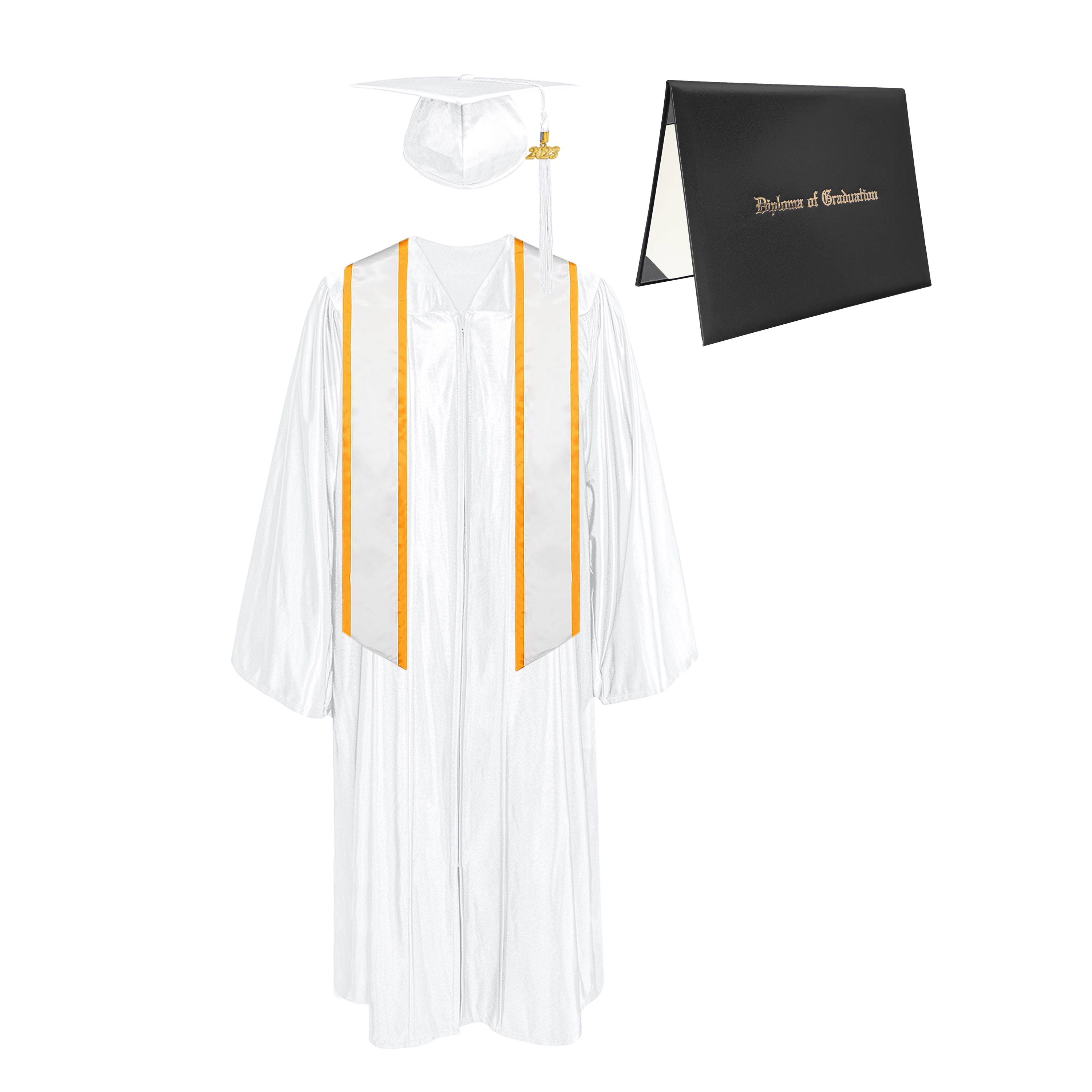 Shiny Cap, Gown, Tassel,Honor Stole Angled End with Trim 72” & Diploma Cover Package-CA graduation