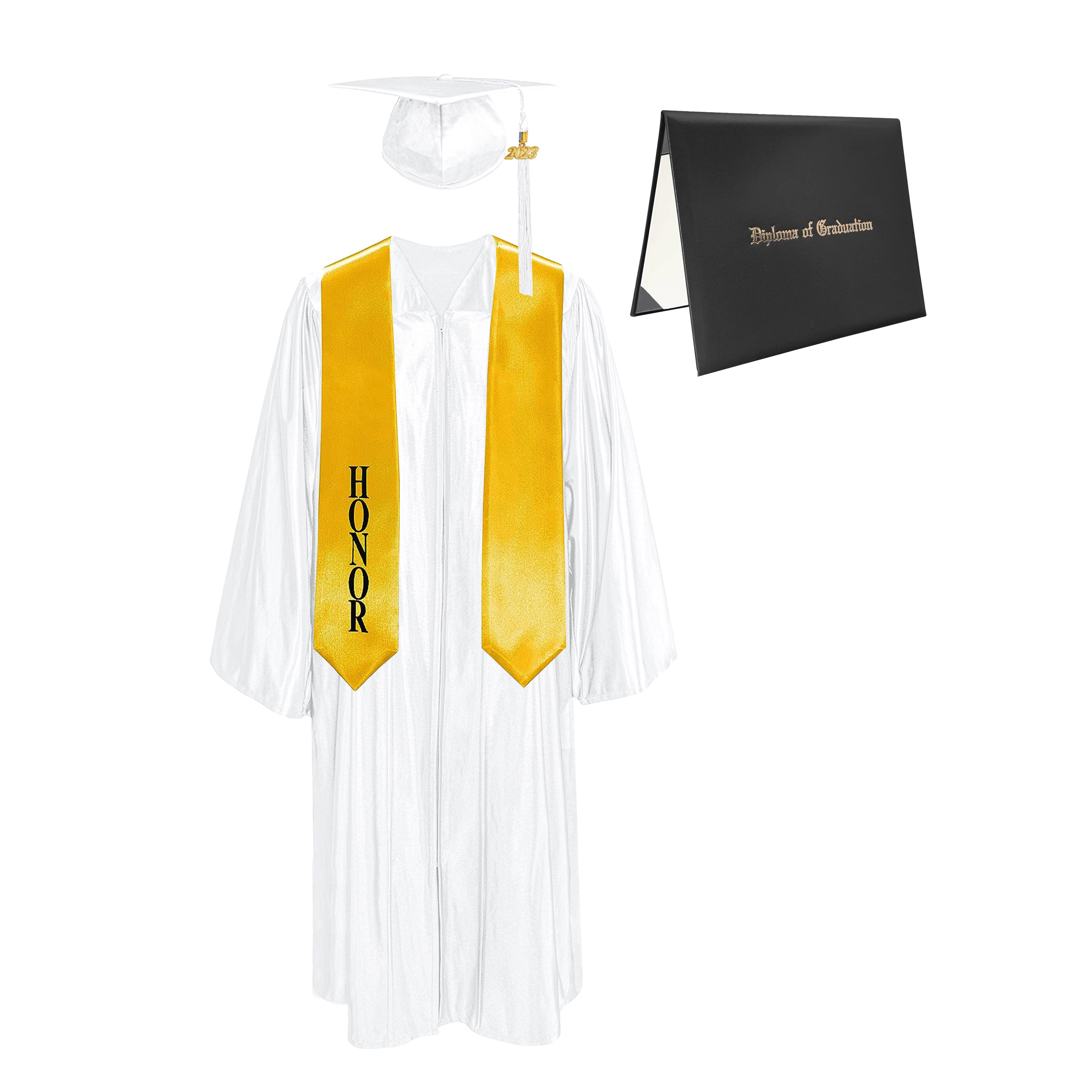 Shiny Cap, Gown, Tassel,Honor Stole 60”& Diploma Cover Package-CA graduation
