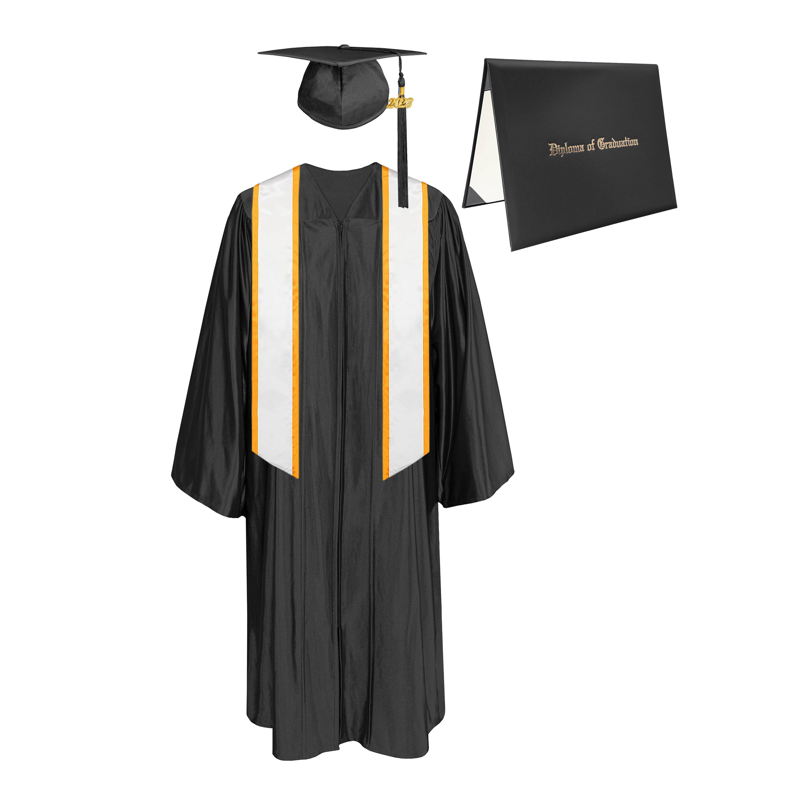 Shiny Cap, Gown, Tassel,Honor Stole Angled End with Trim 72” & Diploma Cover Package-CA graduation