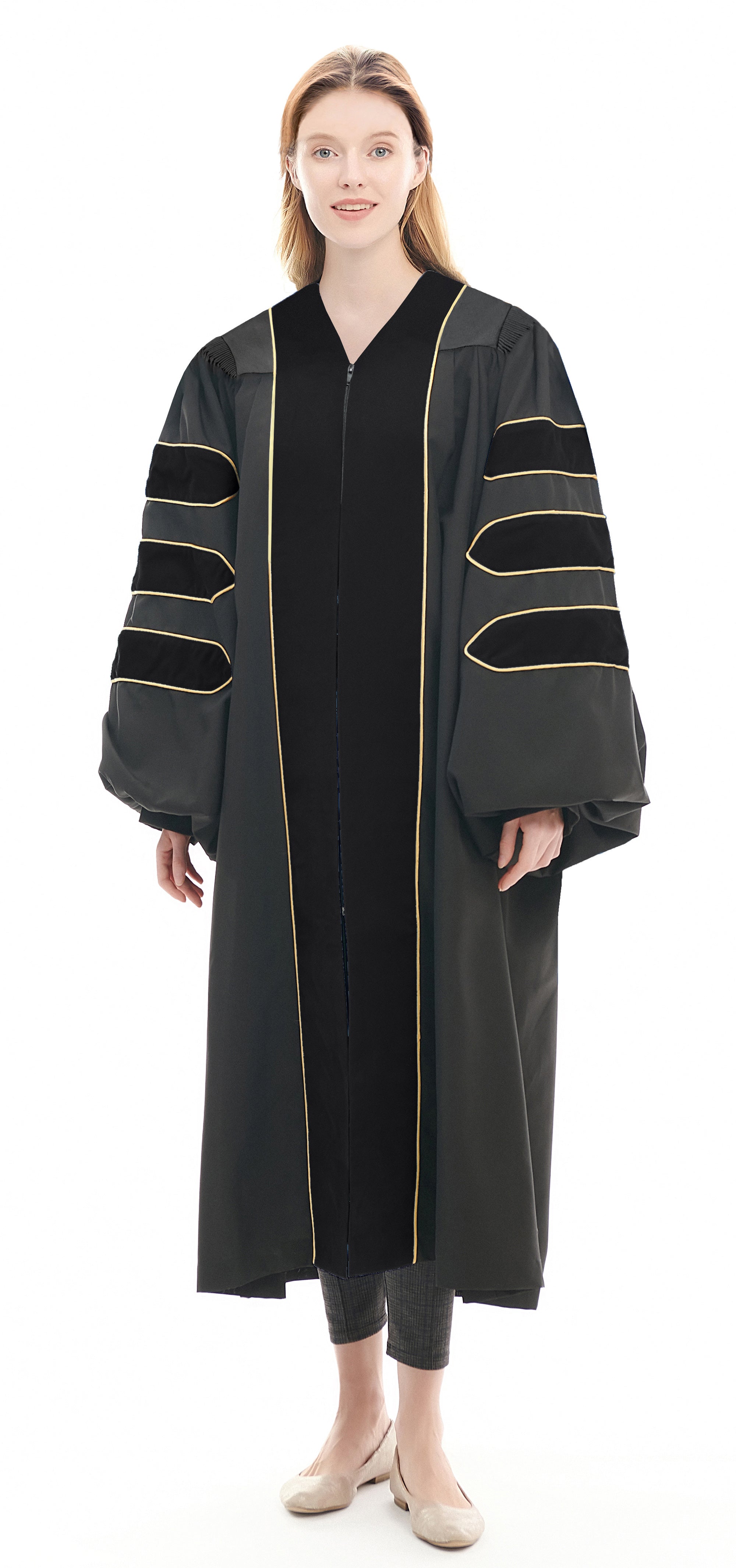 Deluxe Doctoral Graduation Gown/PHD Gown/Doctoral Regalia for Professor or Faculty with Gold Piping-CA graduation