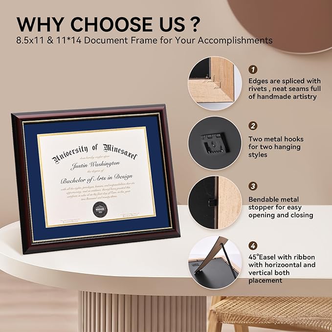 Solid Wood Diploma Frame 8.5 x 11 Certificate Frames with Red Mat or 11x14 Document without Mat as Graduation Picture Frame-CA graduation