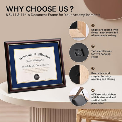 Solid Wood Diploma Frame 8.5 x 11 Certificate Frames with Red Mat or 11x14 Document without Mat as Graduation Picture Frame-CA graduation