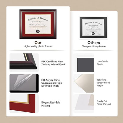 Solid Wood Diploma Frame 8.5 x 11 Certificate Frames with Red Mat or 11x14 Document without Mat as Graduation Picture Frame-CA graduation